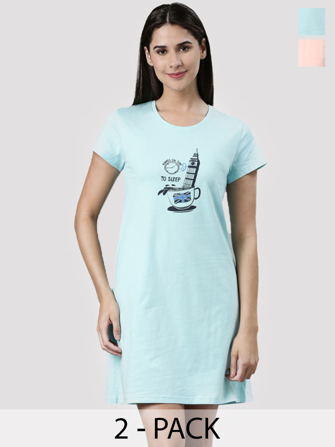 Pepe Jeans Pack of 2 Blue Printed Pure Cotton Nightdress
