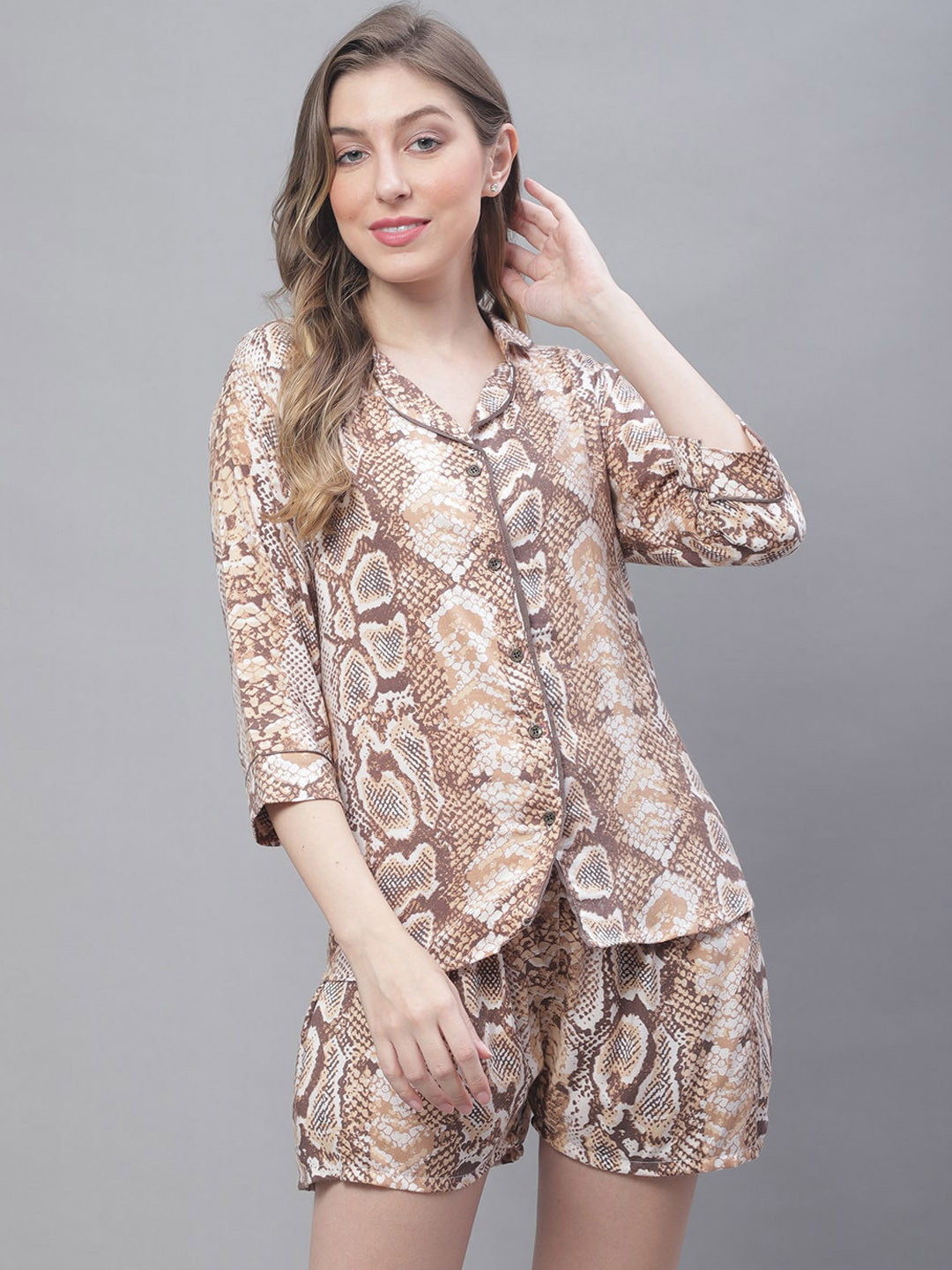 TAG 7 Women Animal Printed Lapel Collar Pure Cotton Night suit