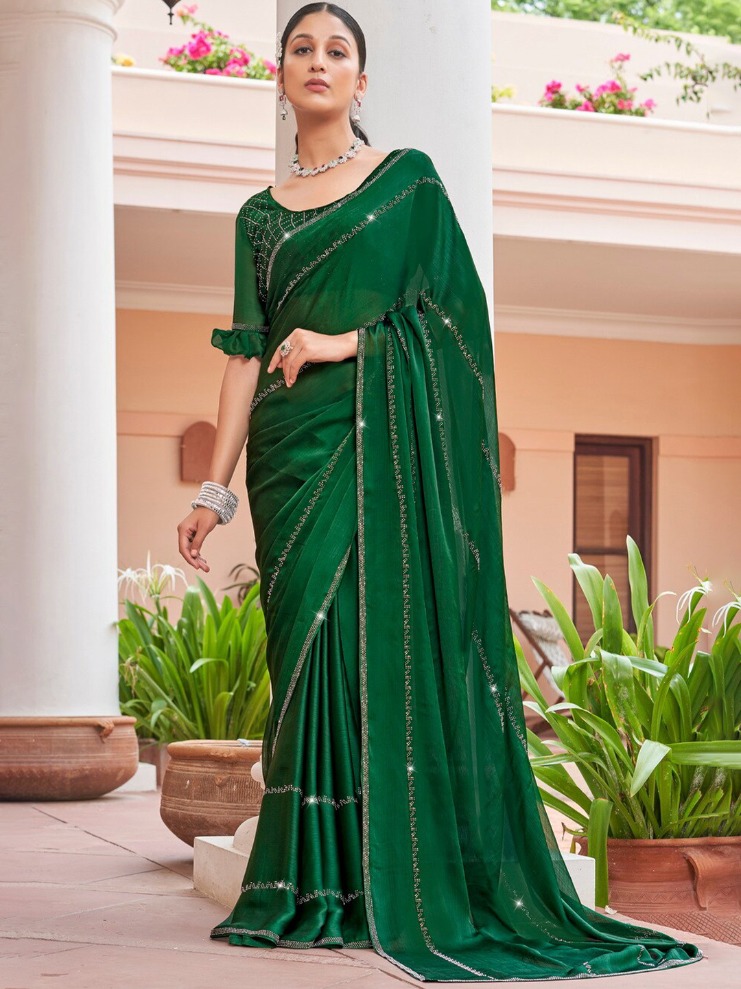 Kalista Green Beads and Stones Embellished Satin Saree