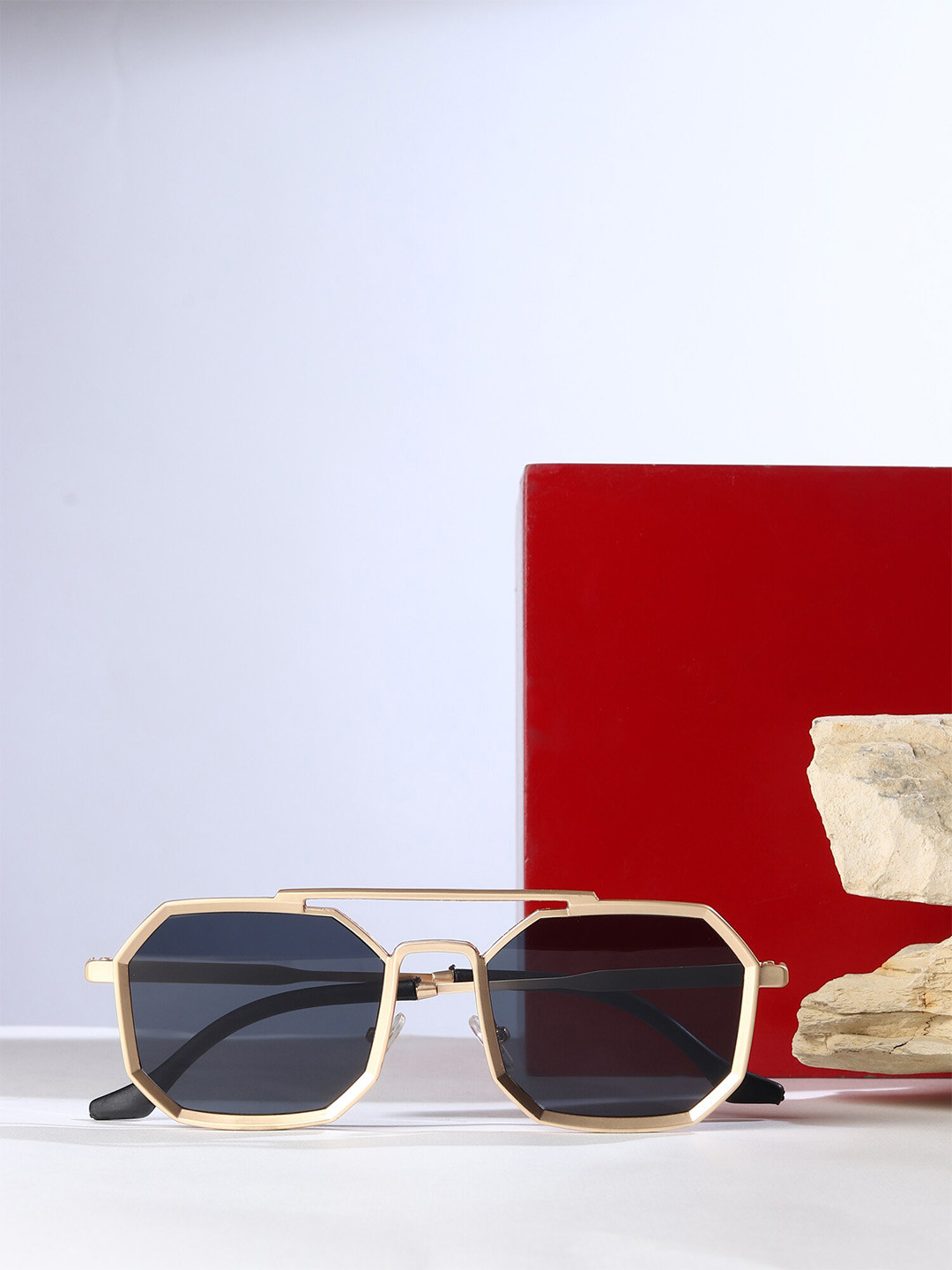 Mast & Harbour Men Black Lens & Gold-Toned Sunglasses With UV Protected Lens