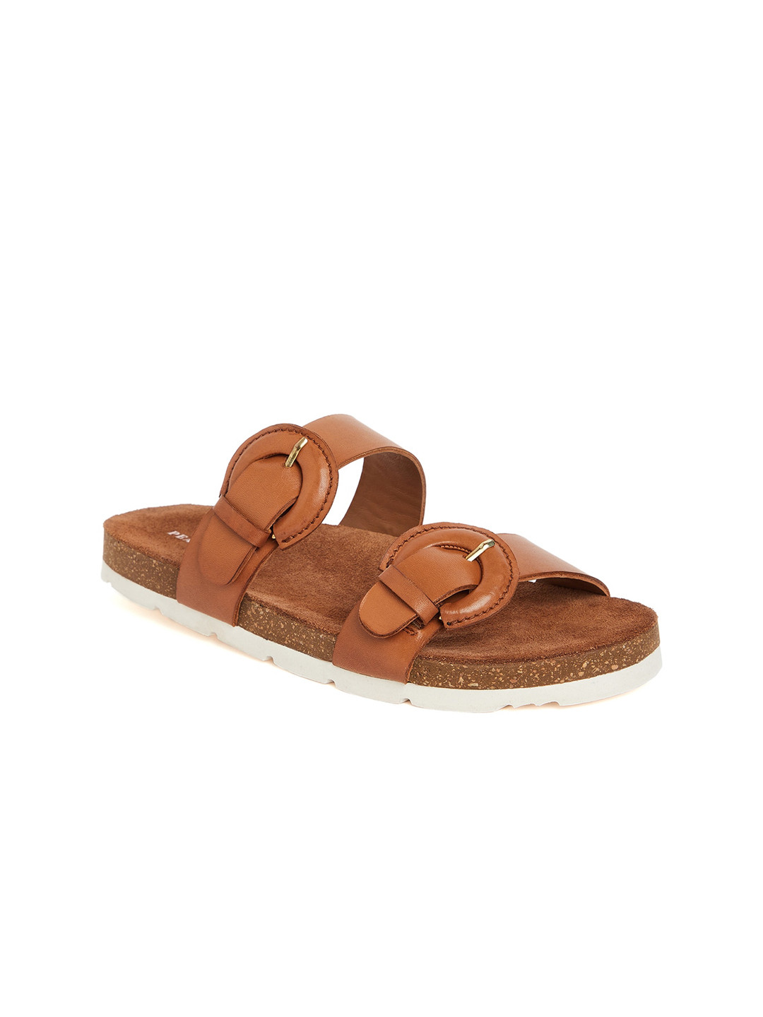 Peach Flores Buckled Strap Leather Open Toe Flats