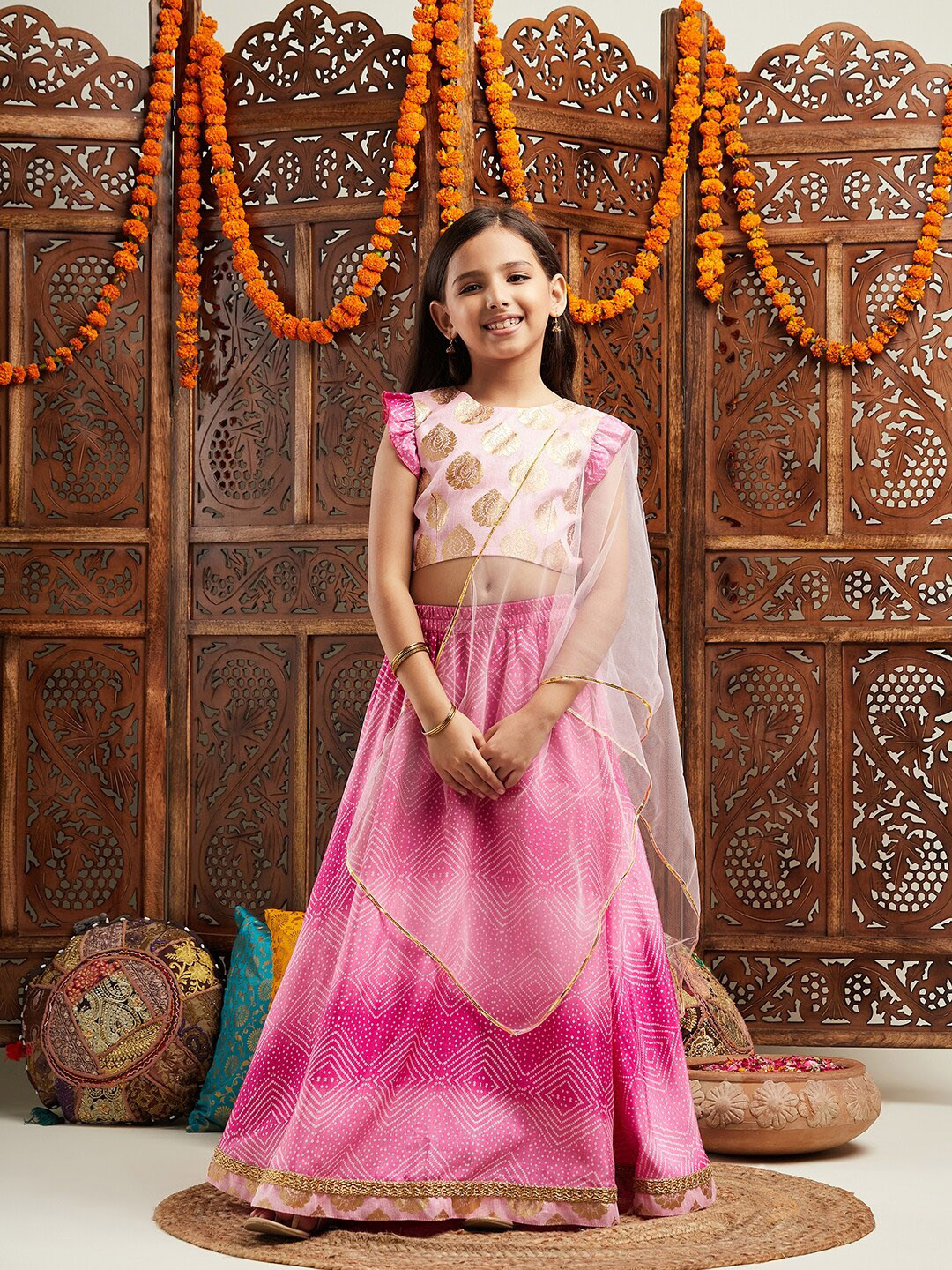 pspeaches Girls Woven Design Flutter Sleeves Ready to Wear Lehenga & Blouse With Dupatta