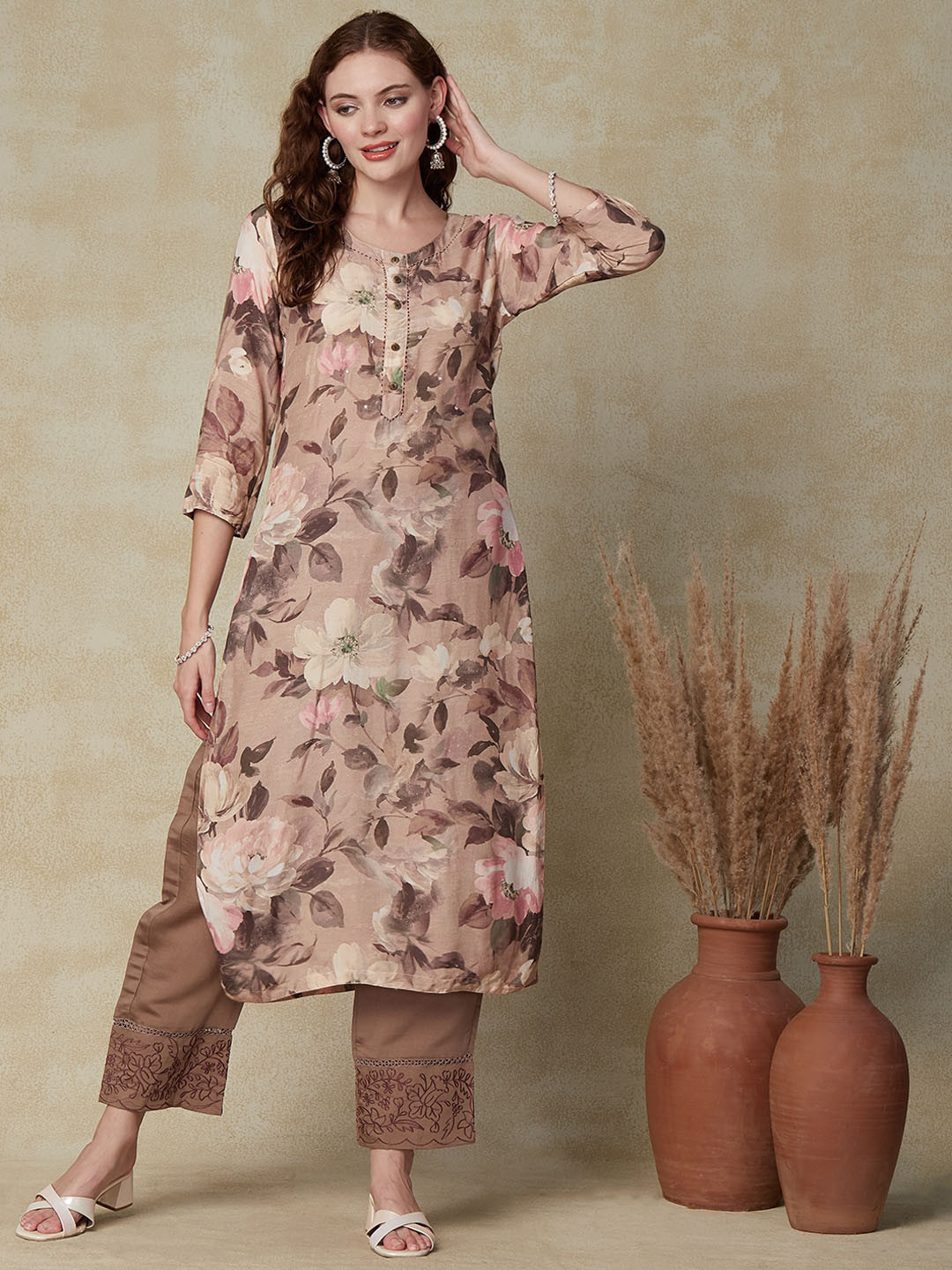 FASHOR Taupe Floral Printed Silk Straight Kurta