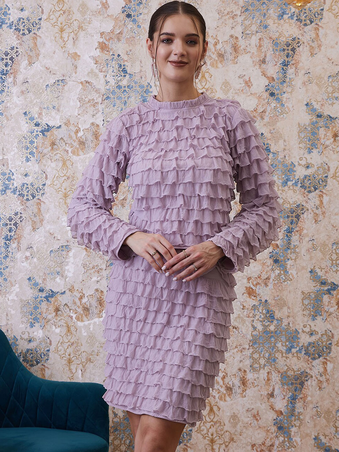 Athena Lavender Self Design Top With Skirt
