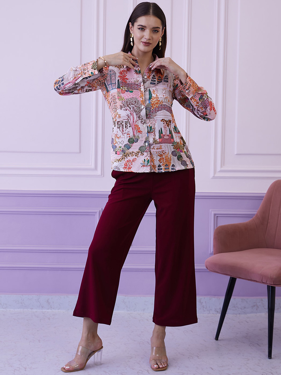Athena White & Maroon Printed Shirt With Trousers