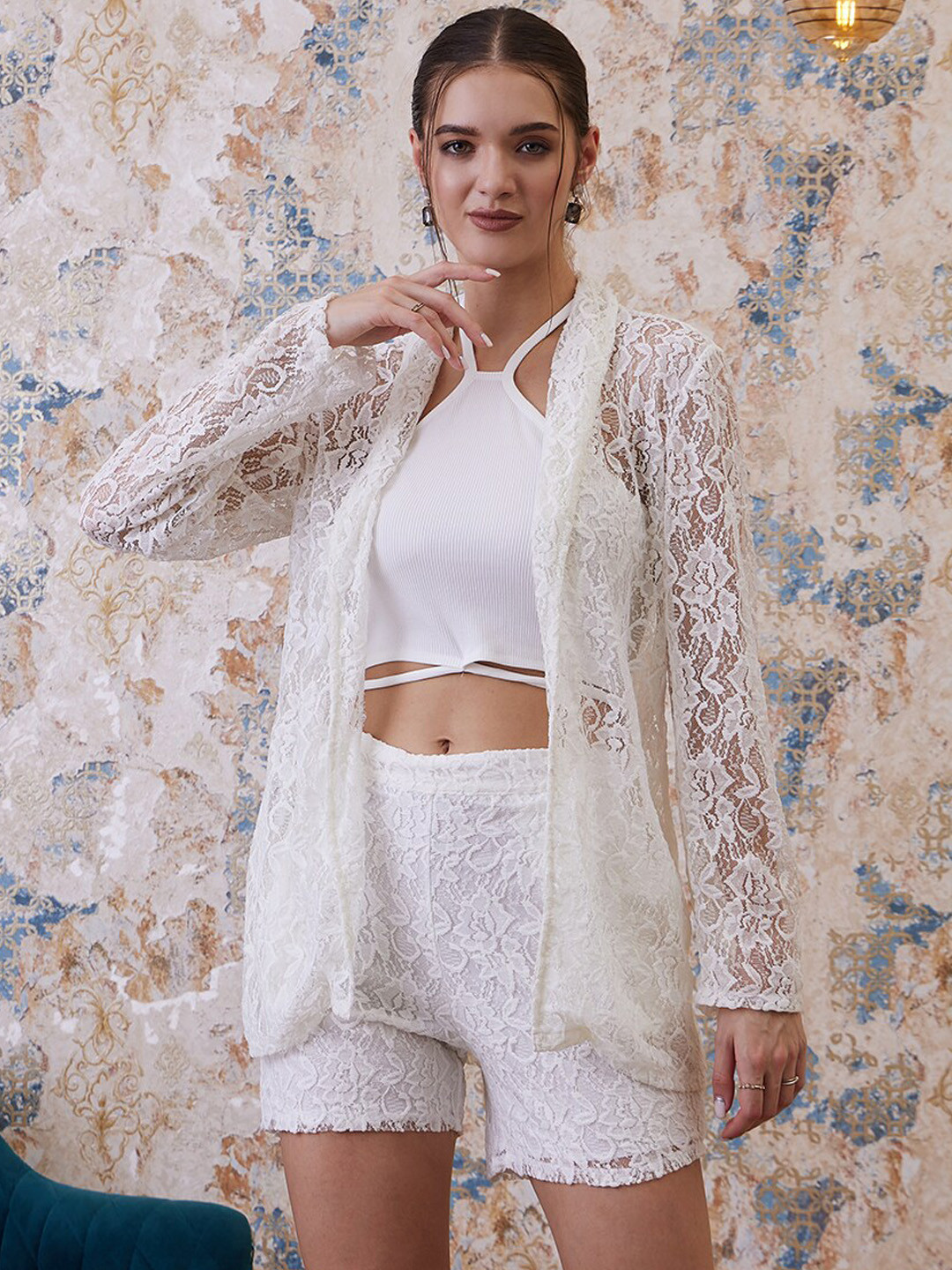 Athena White Self Design Halter Neck Top & Shorts With Shrug