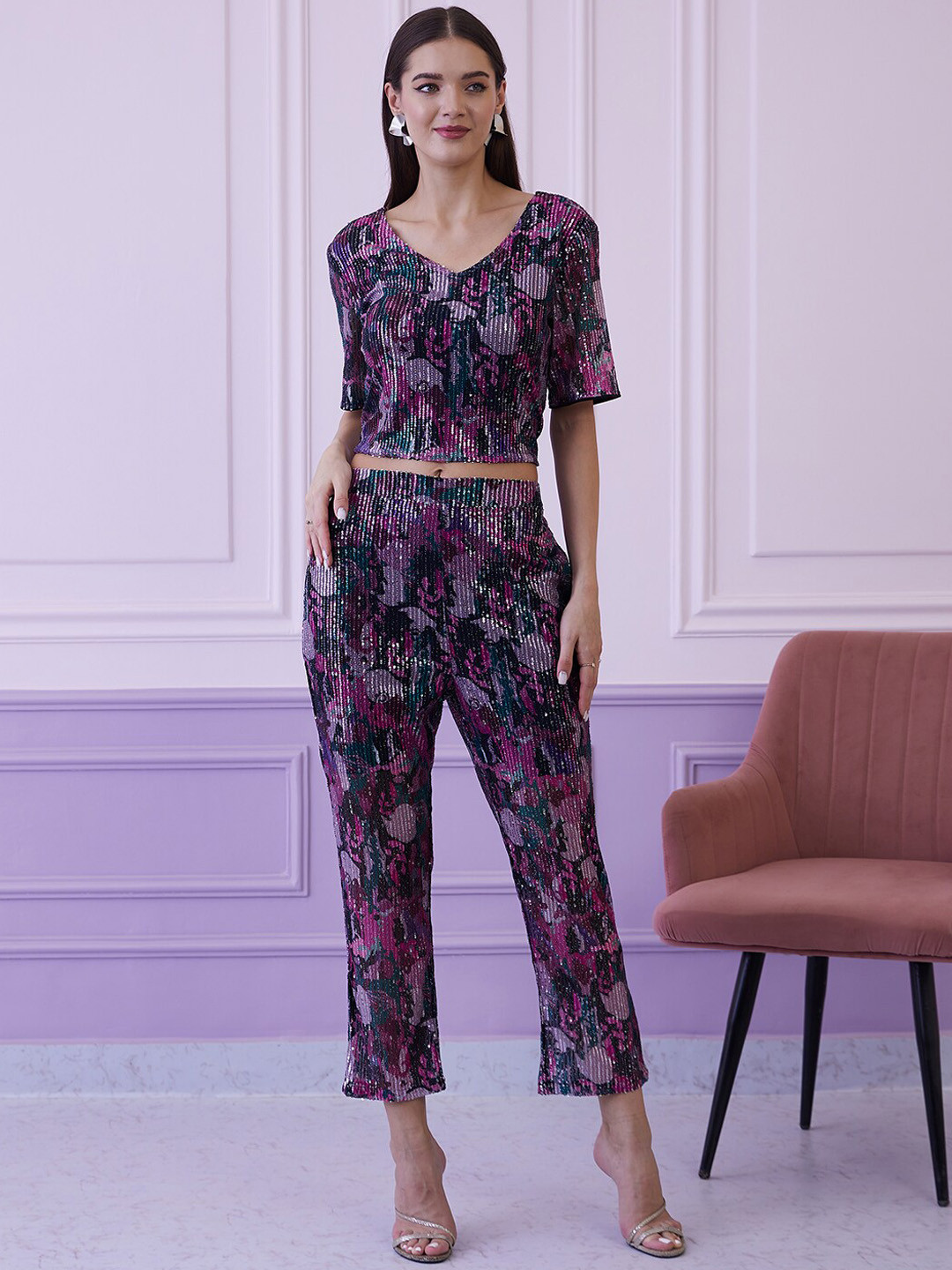 Athena Burgundy Embellished V-Neck Top With Trousers