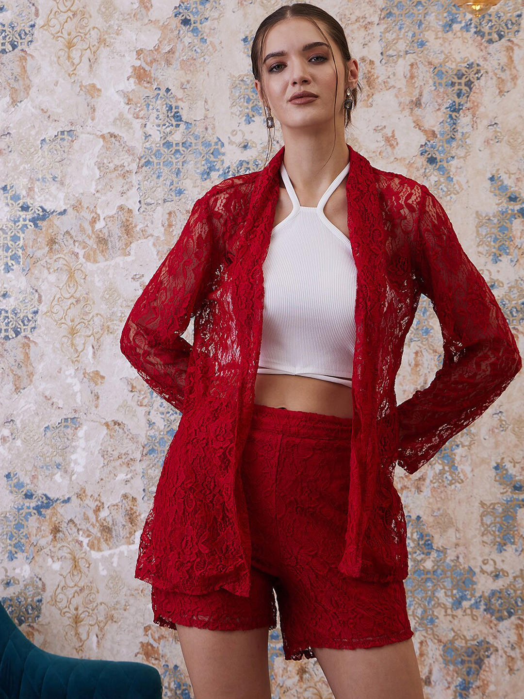 Athena Red Self Design Halter Neck Top & Shorts With Shrug