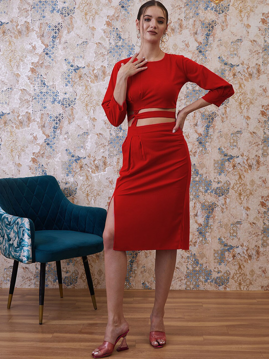 Athena Red Round Neck Top With Skirt