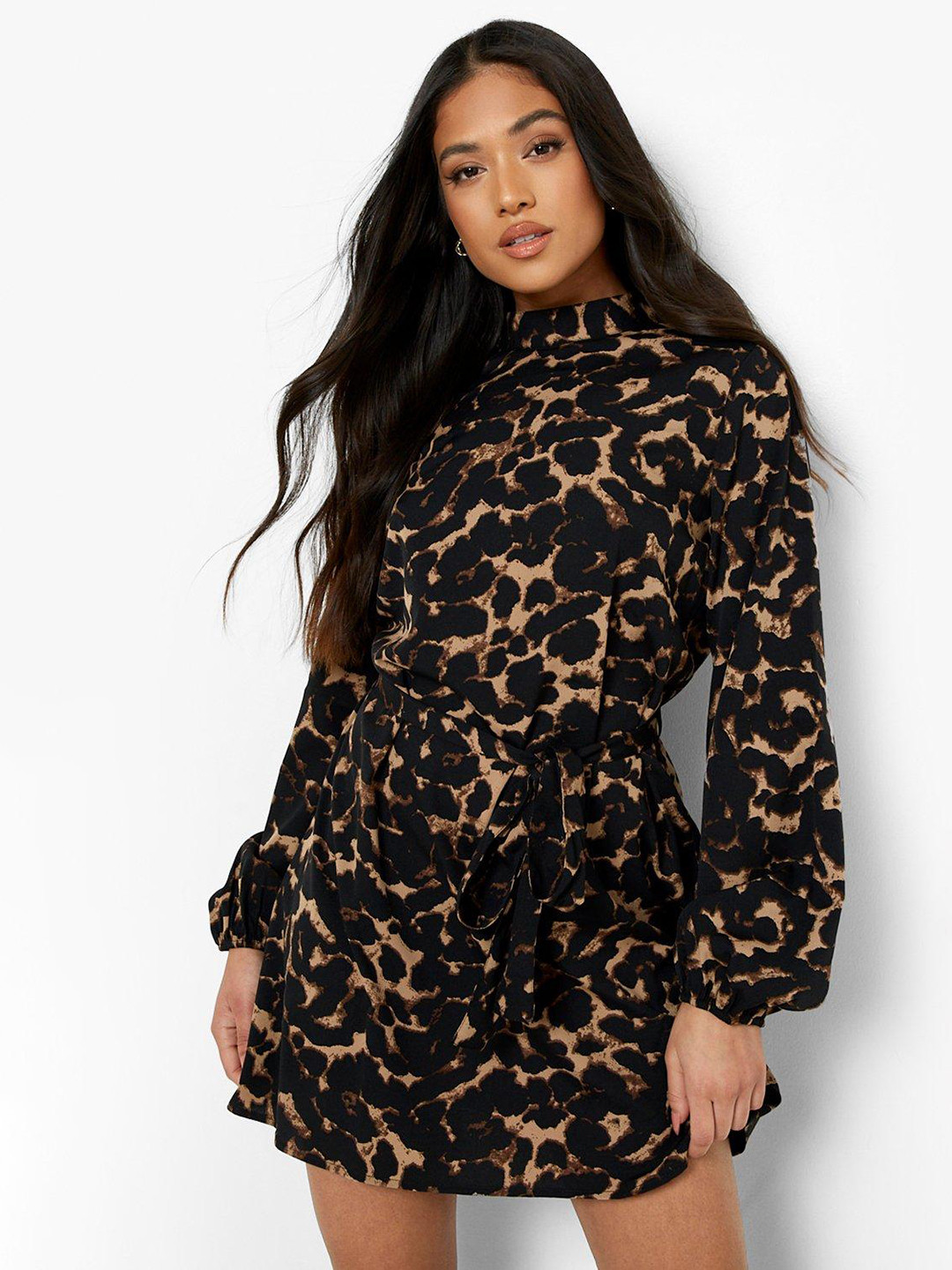 Boohoo Petite Leopard Print Puff Sleeves A-Line Dress with Belt