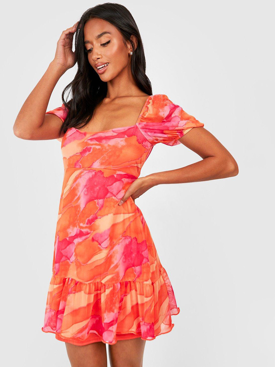 Boohoo Petite Puff Sleeves Knotted Back A-Line Mini Dress