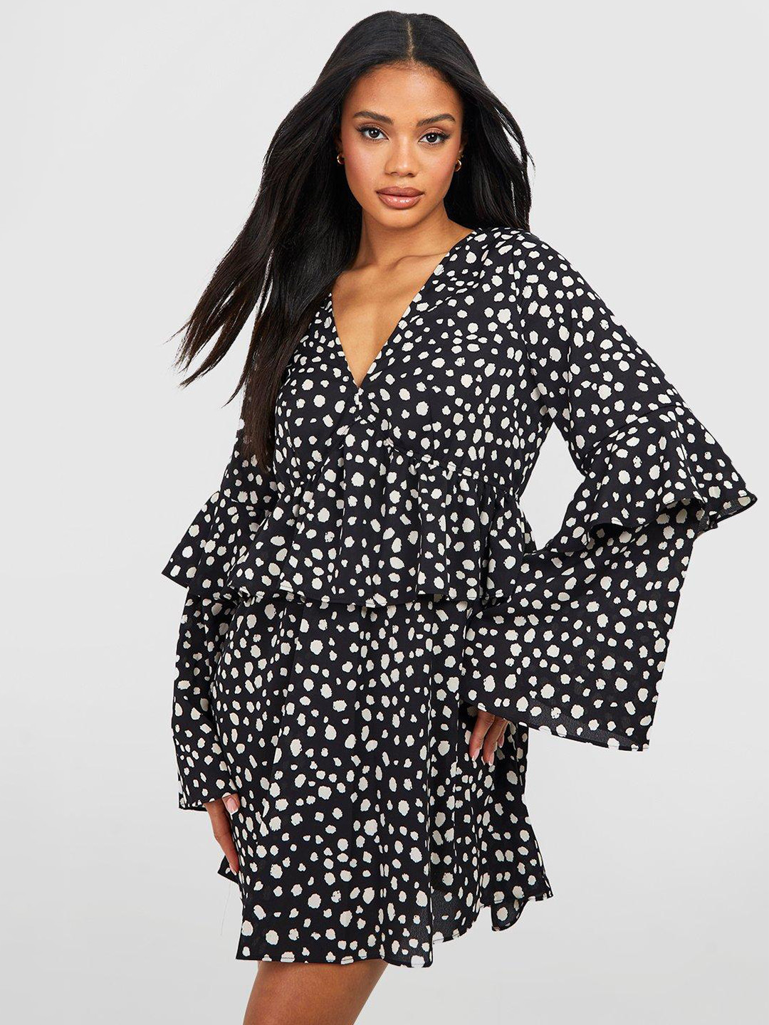 Boohoo Leopard Print Flared Sleeve Ruffled Detail A-Line Dress