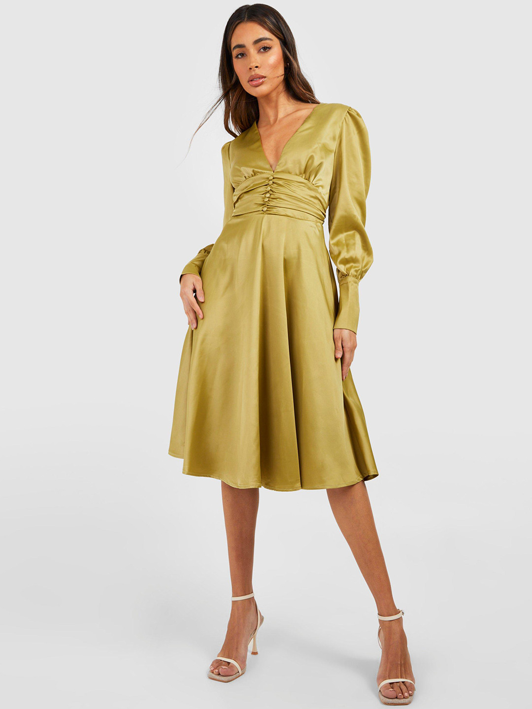 Boohoo Puff Sleeve Satin Ruched Fit & Flare Midi Dress