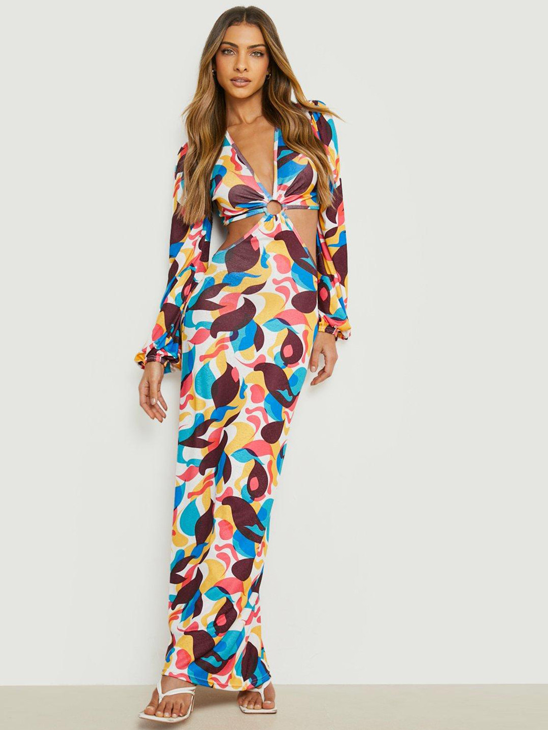 Boohoo Puff Sleeve Ruffle Cut-Out Detail Bodycon Maxi Dress