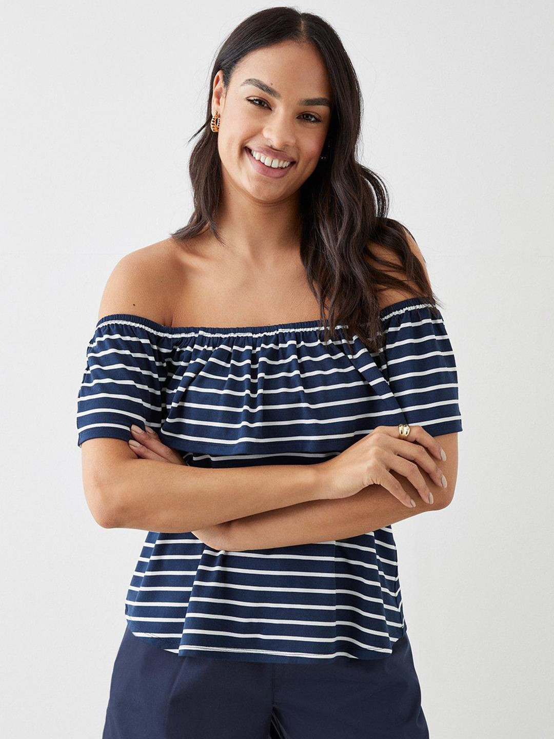 DOROTHY PERKINS Striped Off-Shoulder Ruffled Bardot Top