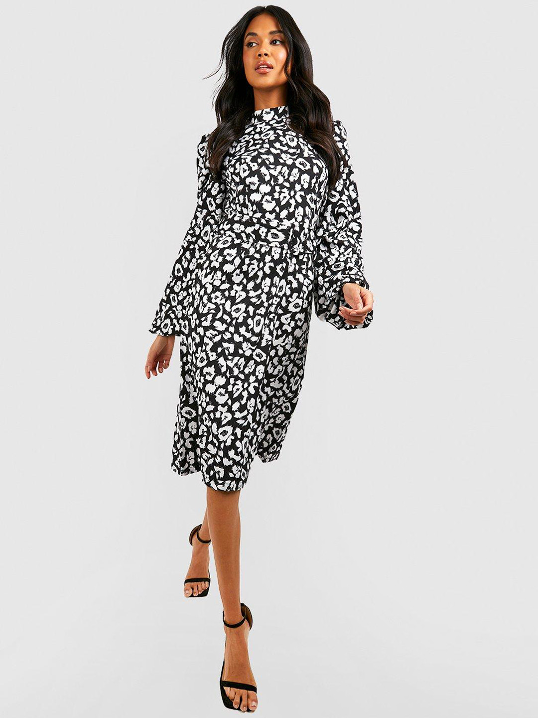 Boohoo Leopard Print Satin Puff Sleeve Monochrome Midi Dress