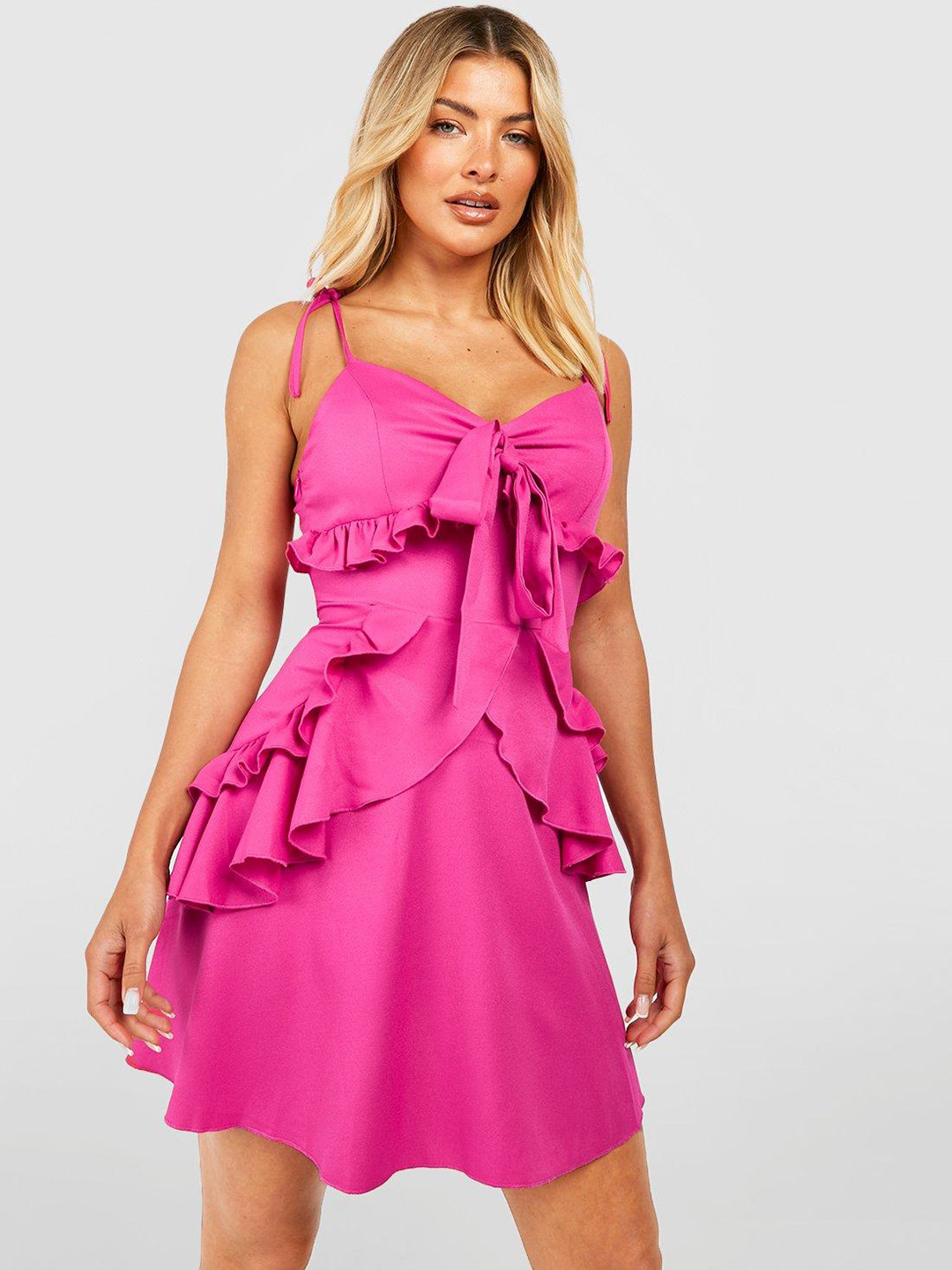 Boohoo Ruffled Tie-Up Detail A-Line Dress