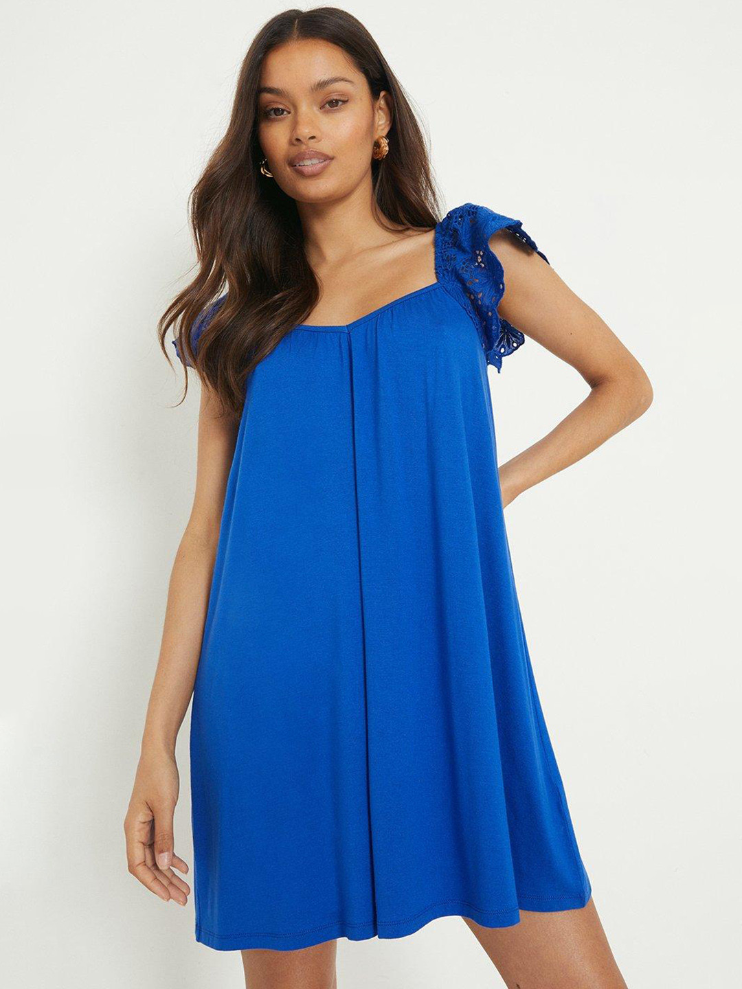 DOROTHY PERKINS Petite Solid Schiffli Cap Sleeves A-Line Mini Dress