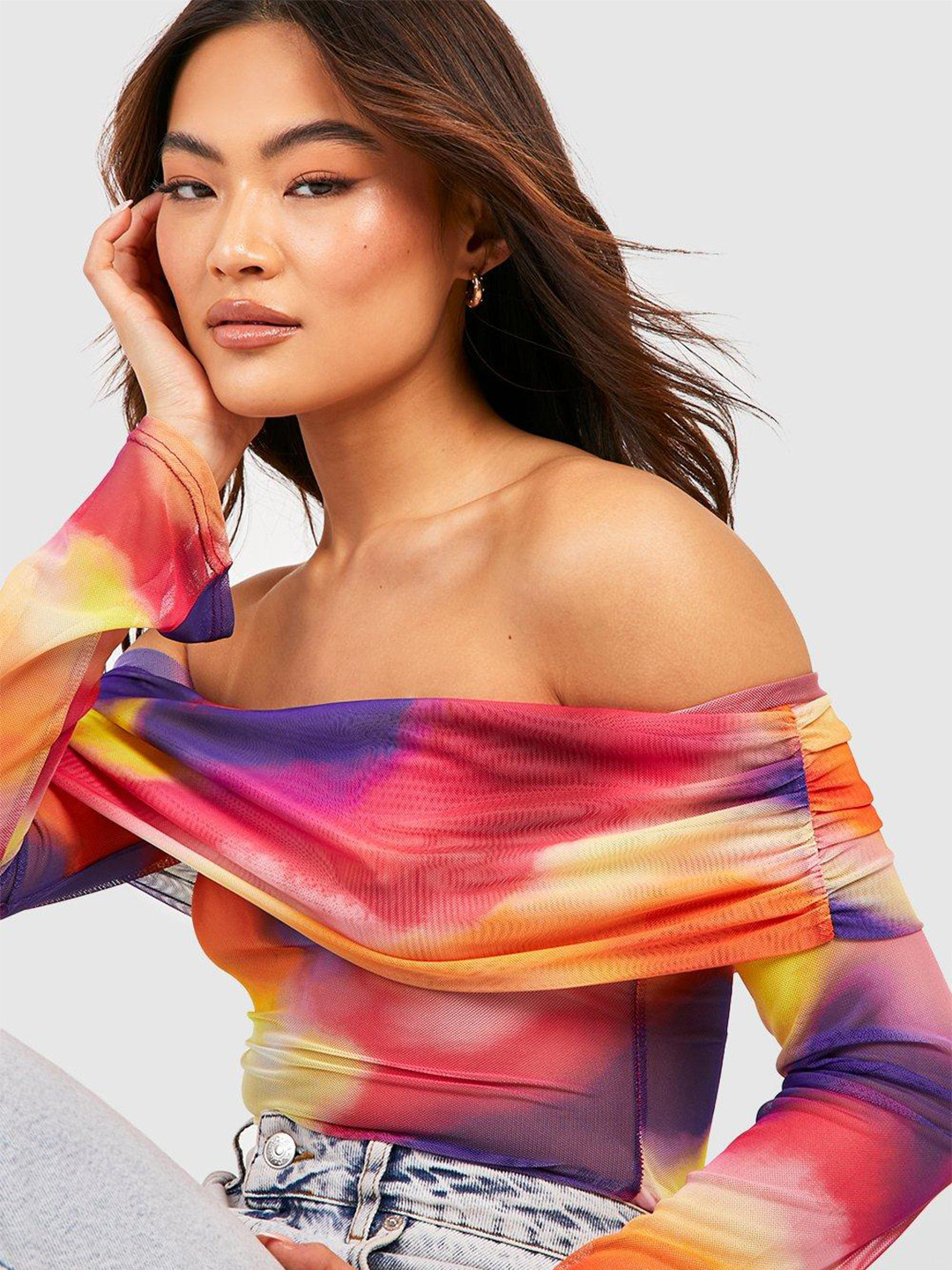 Boohoo Abstract Print Mesh Off -Shoulder Top