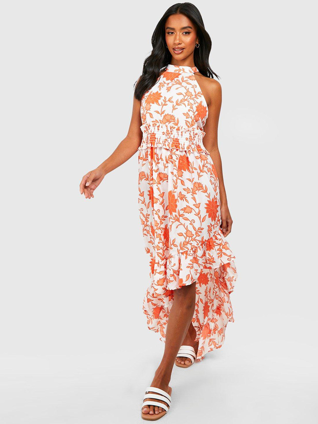 Boohoo Petite Floral Print Halter Neck Ruffled A-Line Midi Dress