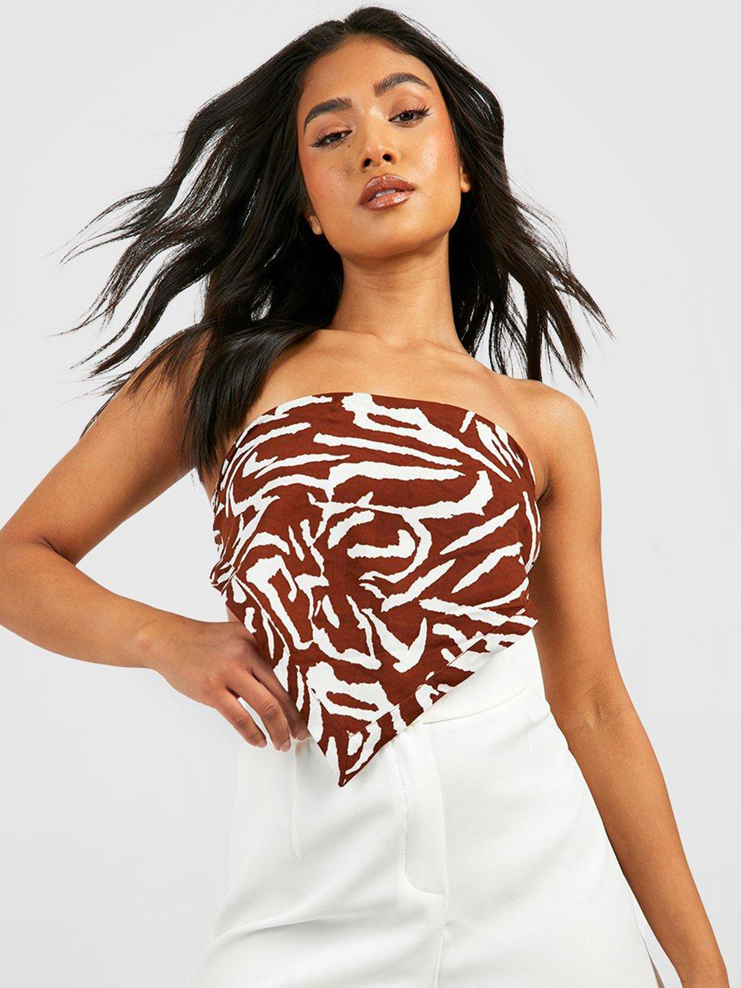 Boohoo Petite Back Tie-Up Zebra Print Scarf Crop Top