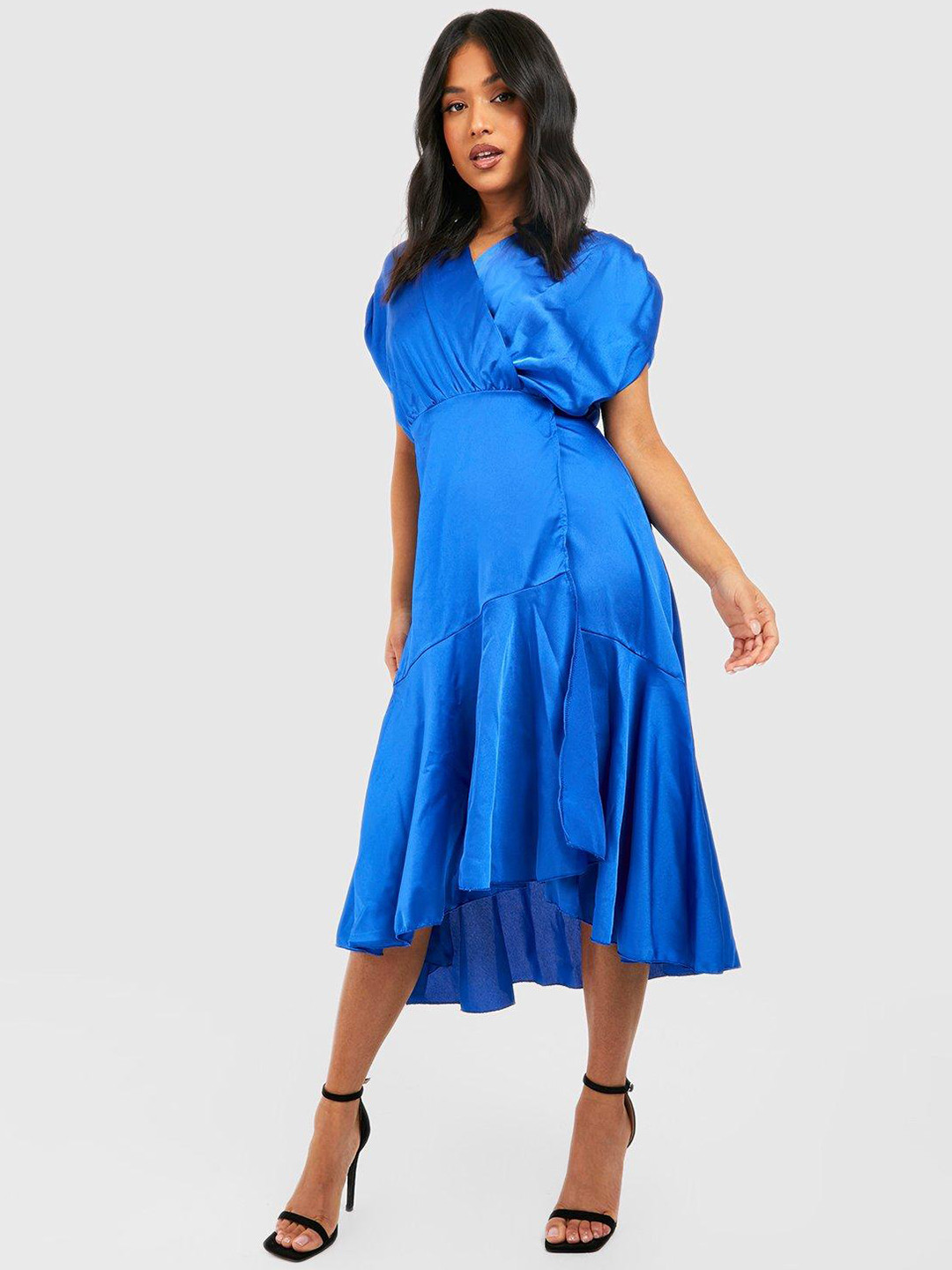 Boohoo Petite Satin Finish Wrap Midi Dress
