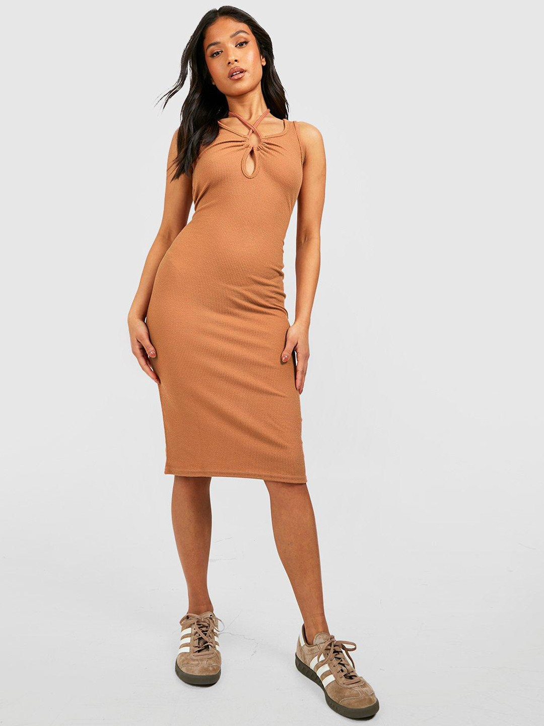 Boohoo Petite Ribbed Halter Neck Bodycon Dress