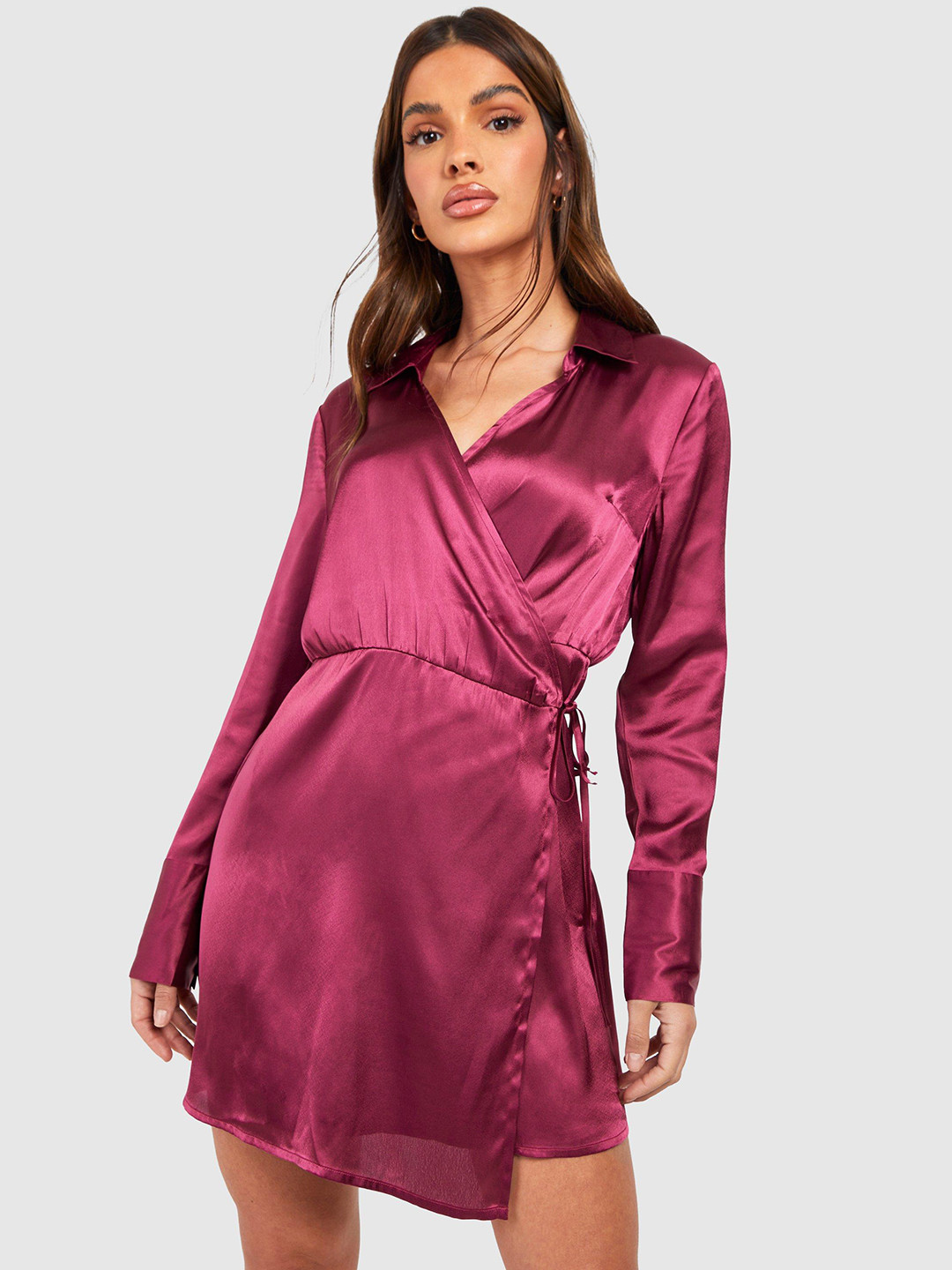 Boohoo Satin Wrap Belted Shirt Dress