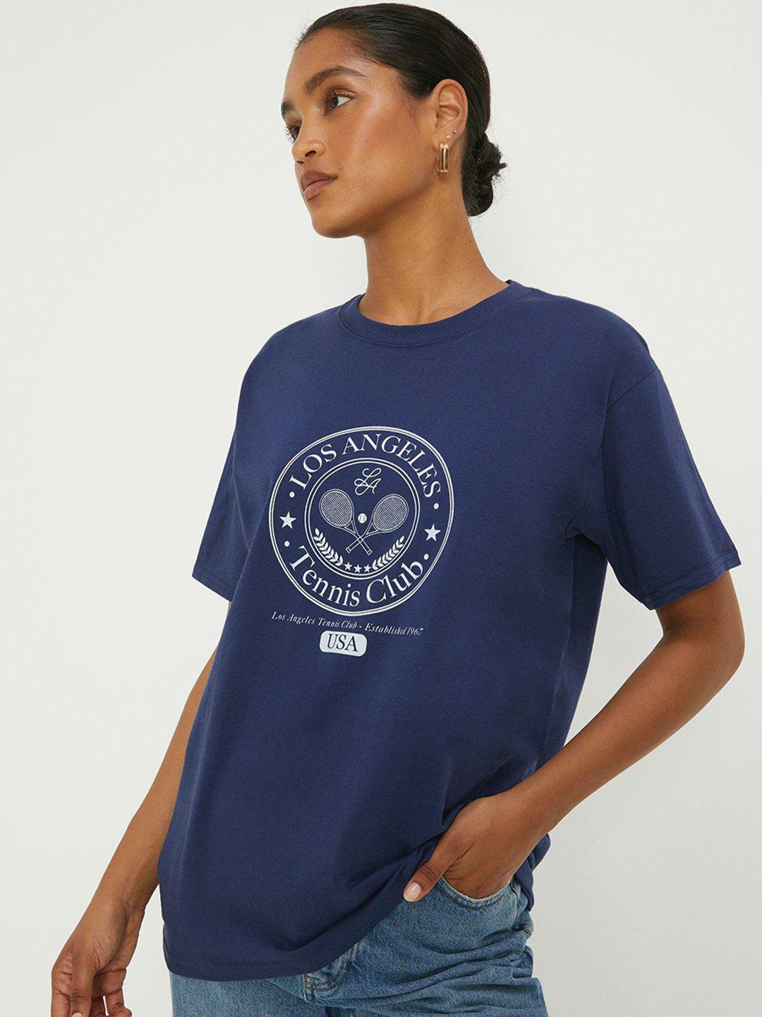 DOROTHY PERKINS Tennis Club Printed Drop-Shoulder Sleeves Pure Cotton T-shirt