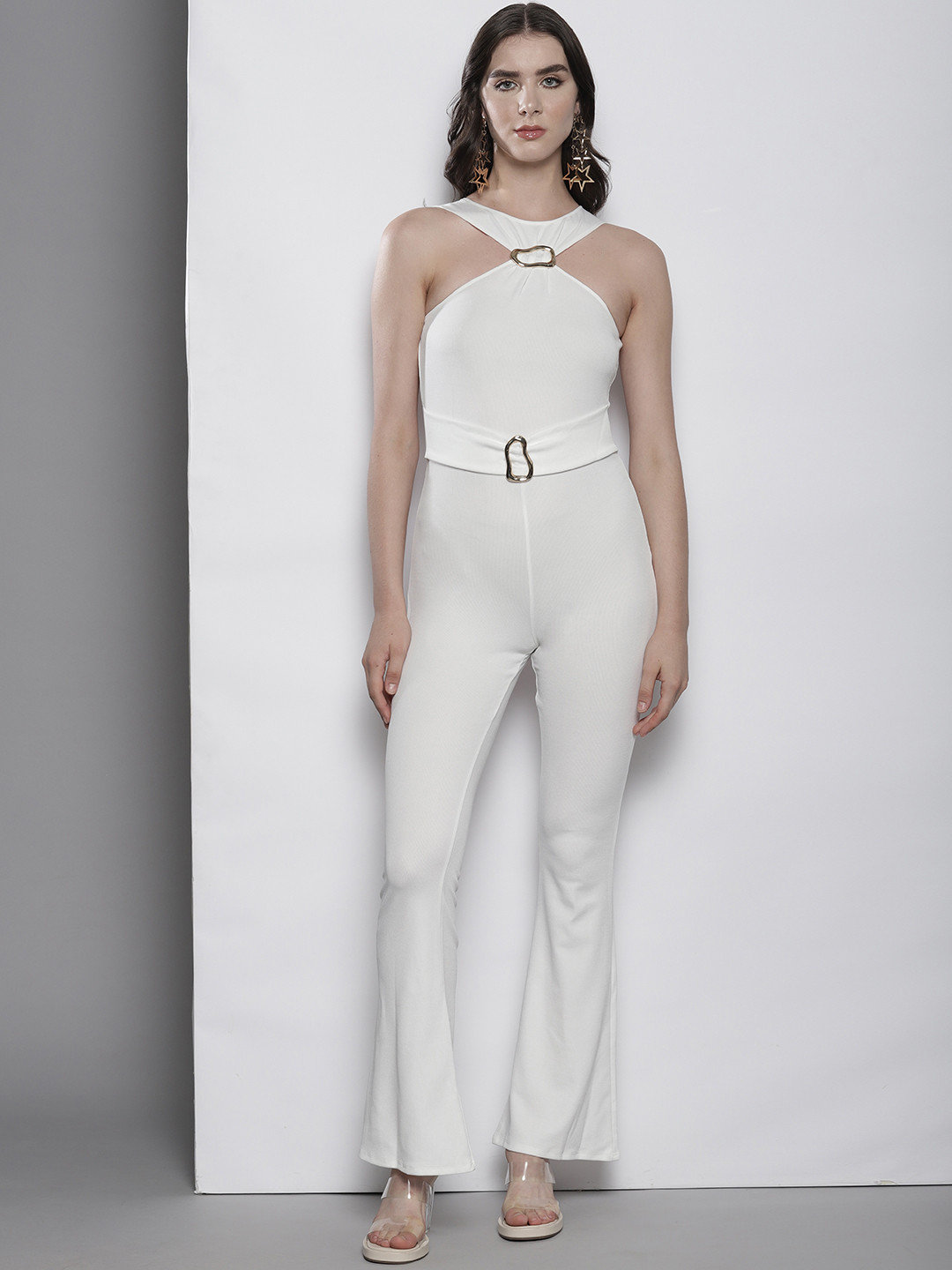 Boohoo Solid Embellished Flared Leg Basic Jumpsuit