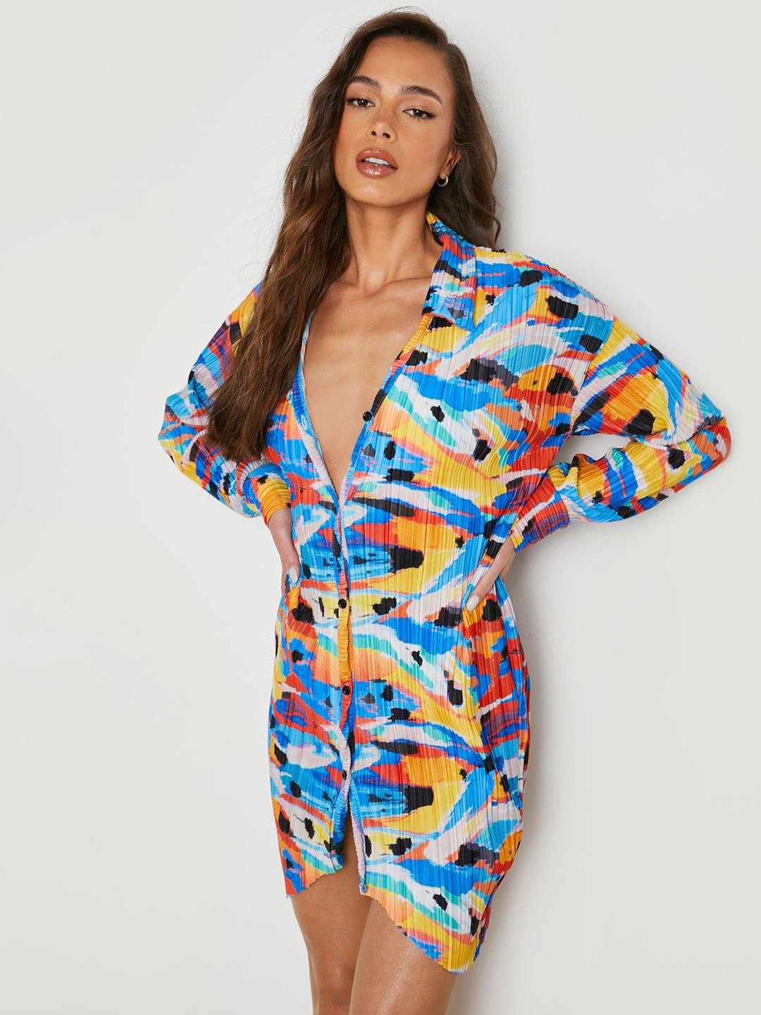 Boohoo Printed Plisse Shirt Mini Dress