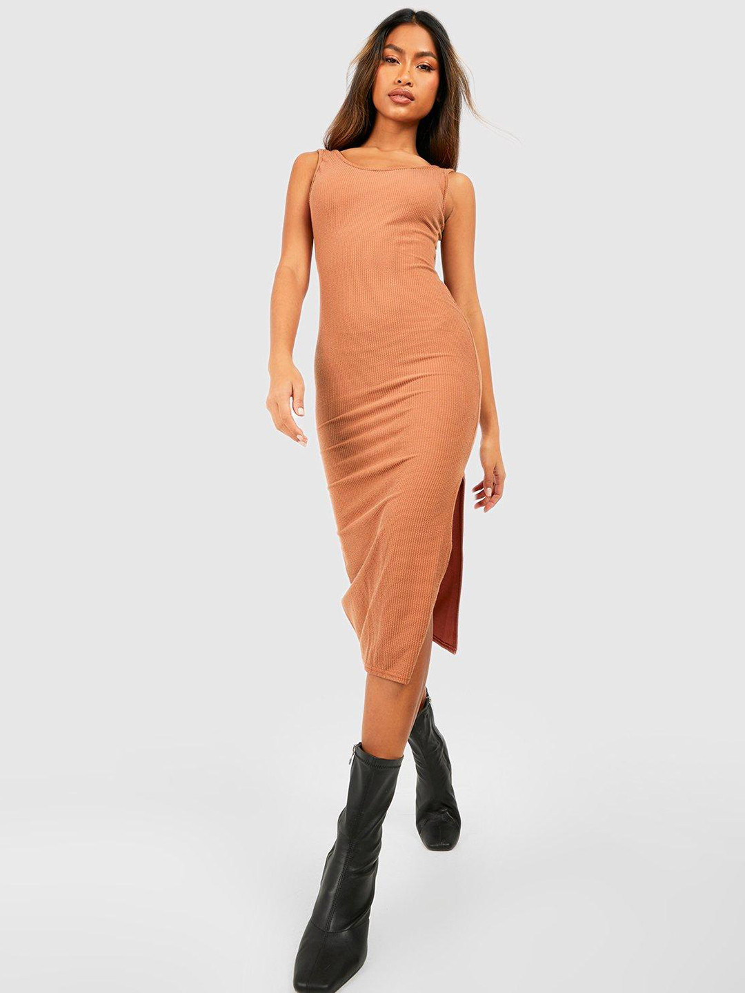 Boohoo Ribbed Styled Back Bodycon Midi Dress