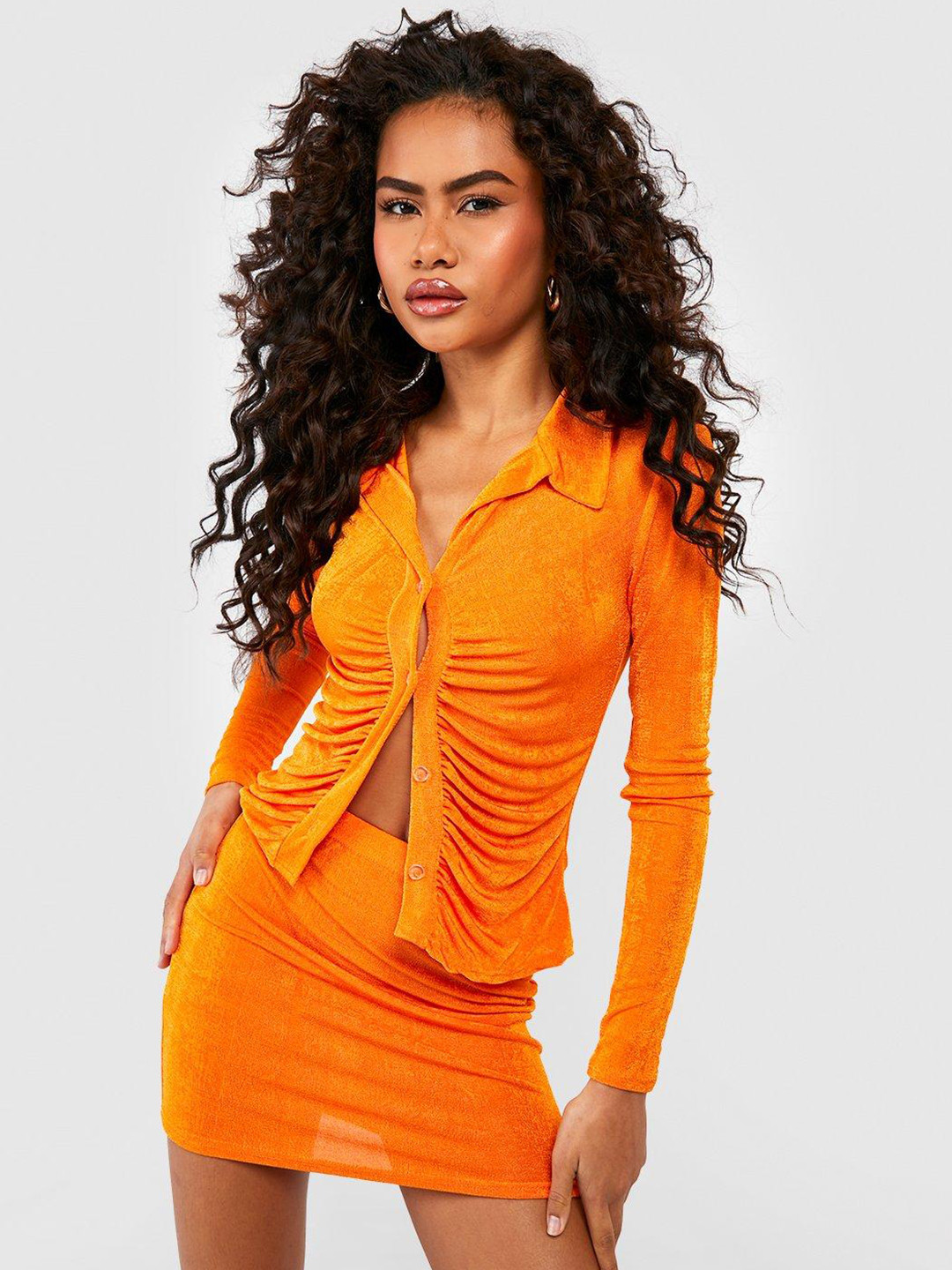 Boohoo Textured Slinky Ruched Shirt & Mini Skirt