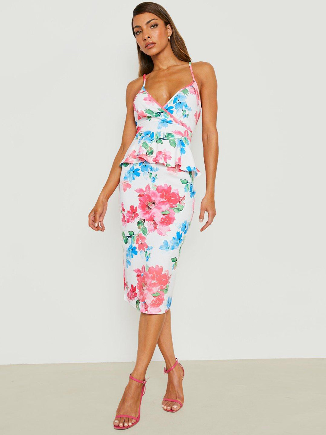 Boohoo Floral Print Peplum Midi Dress