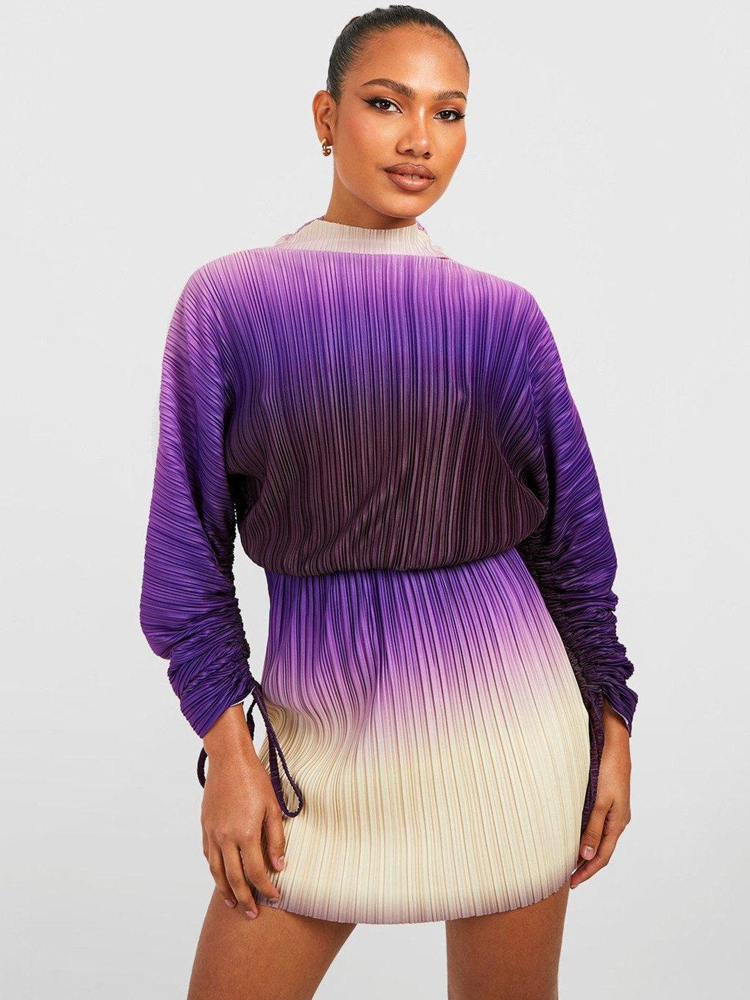 Boohoo Ombre Dyed Plisse Ruched Sleeve Mini Dress