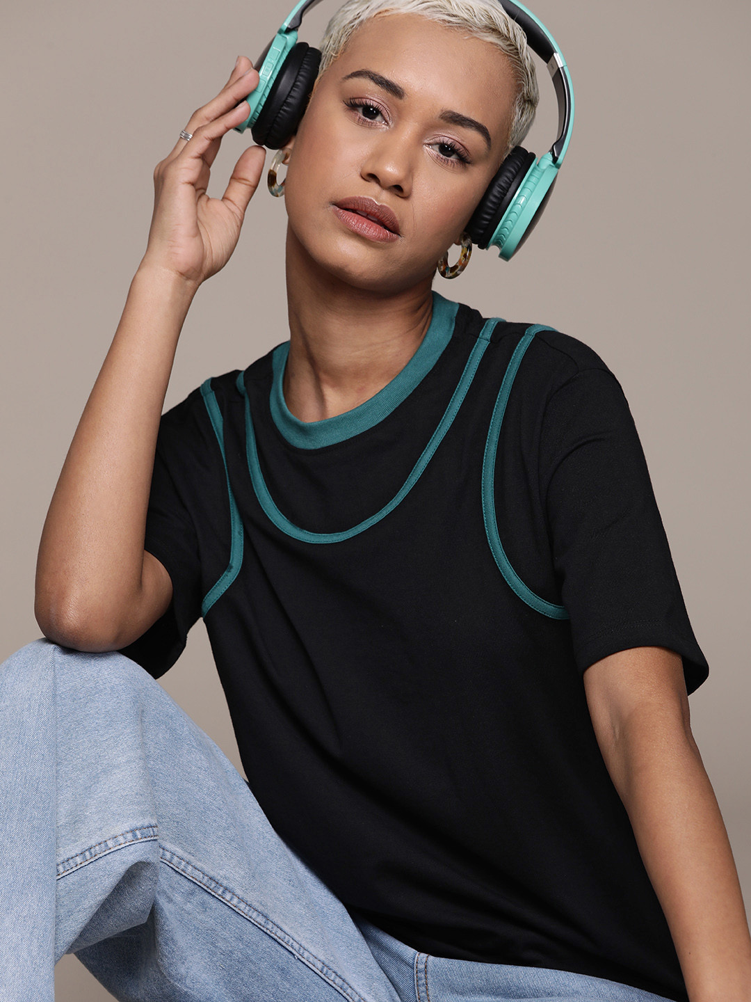 The Roadster Lifestyle Co. Drop-Shoulder Sleeves Attached Racerback Relaxed T-shirt