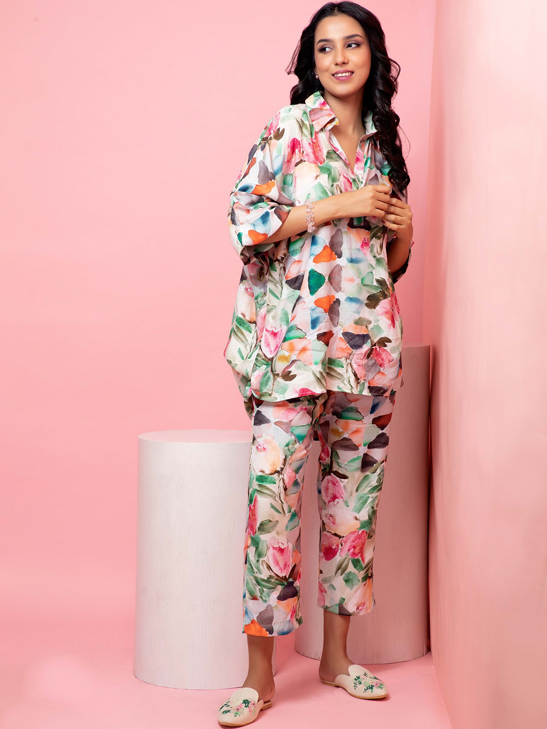 Rhe-Ana Printed Shirt Collar Top With Trousers