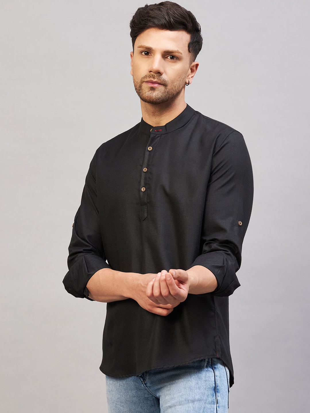 VASTRAMAY Band Collar Cotton Straight Kurta