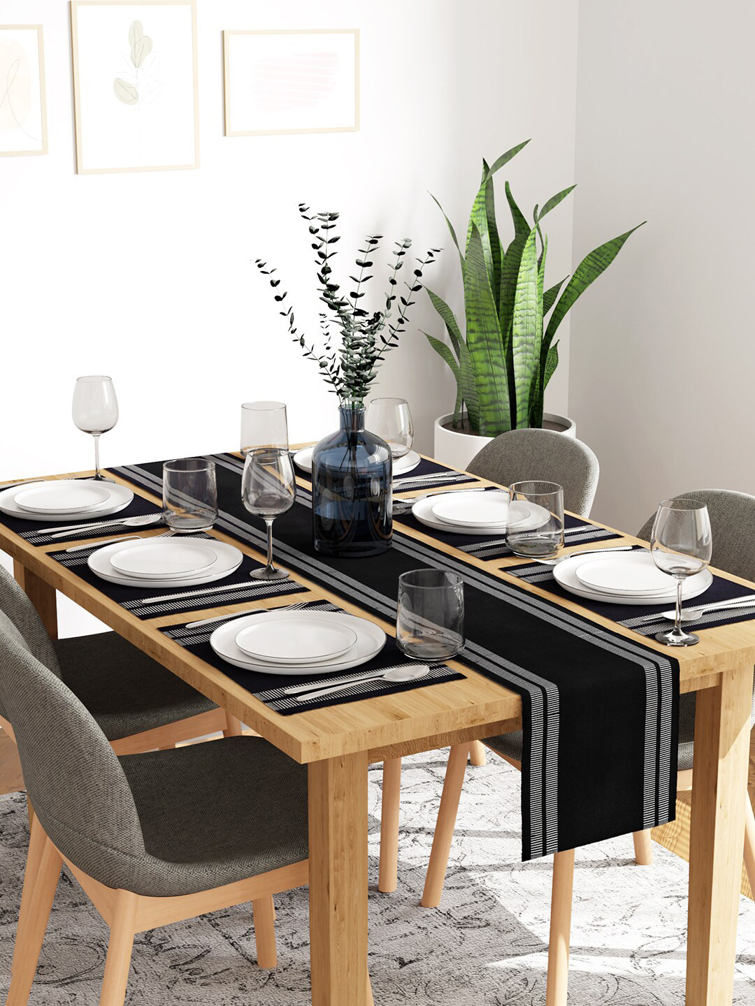Encasa Homes Black & Grey 7-Pieces Striped Table Linen Set