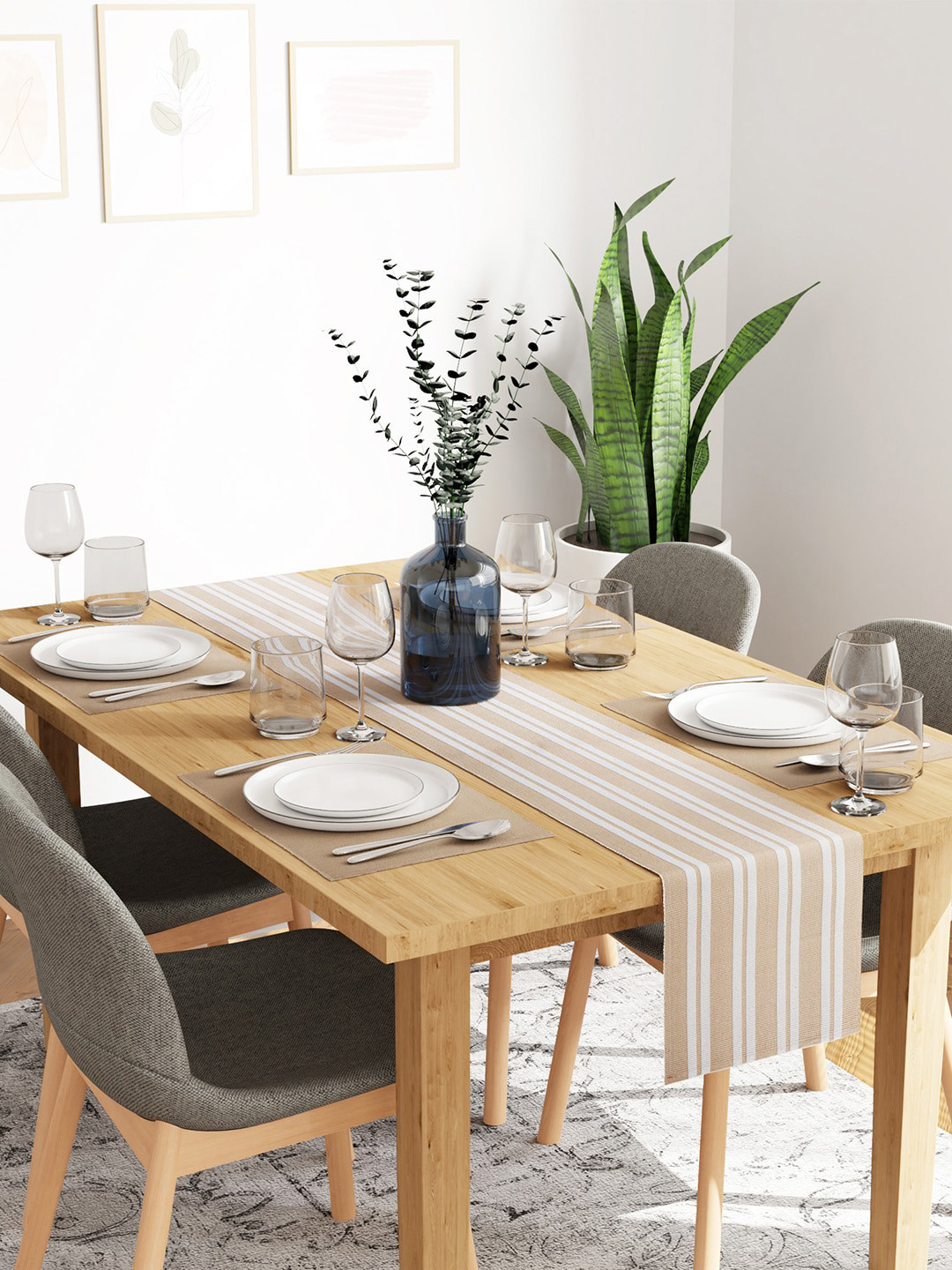 Encasa Homes White & Beige 5-Pieces Striped Cotton Table Linen Set