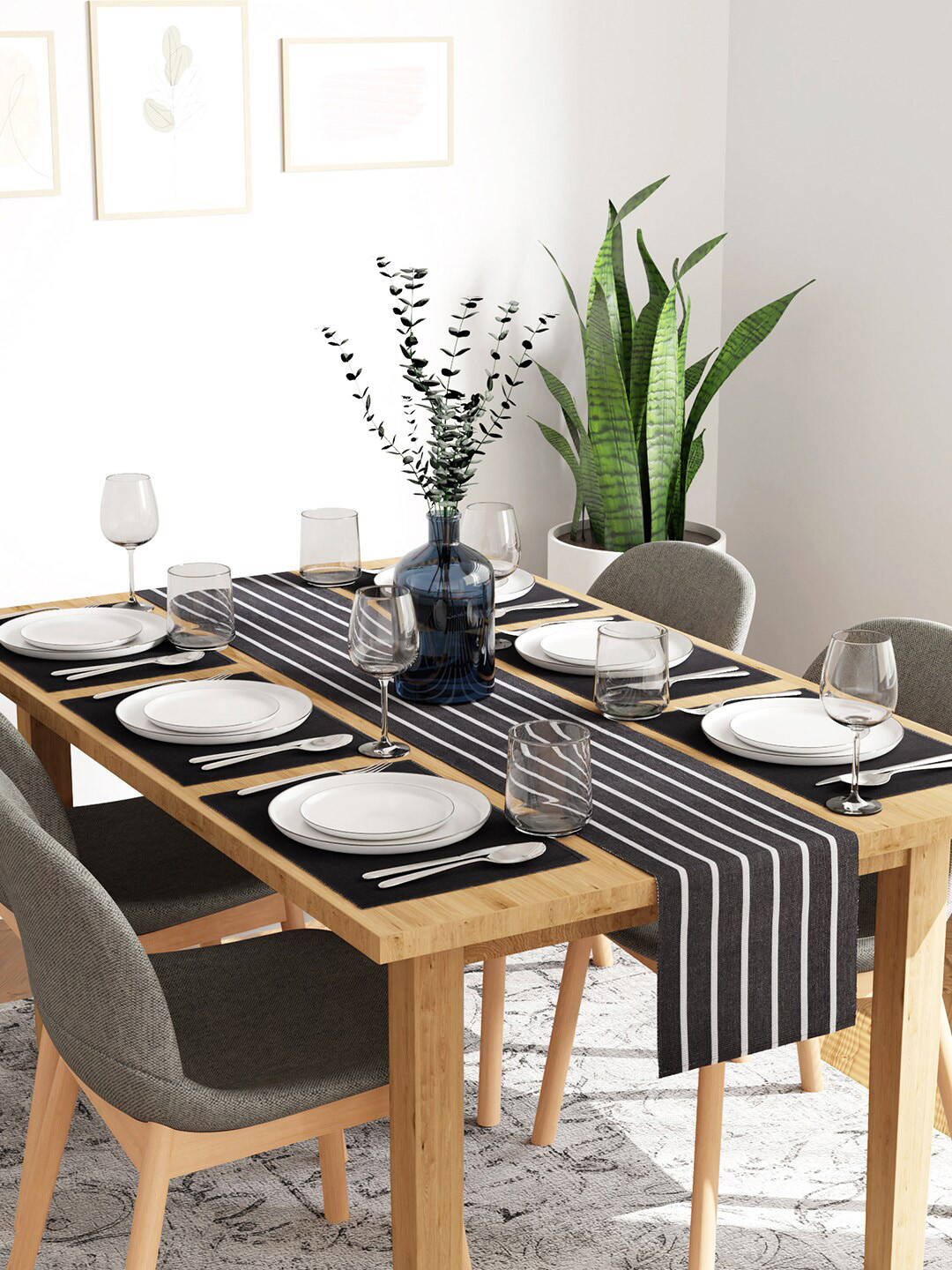 Encasa Homes Grey & White 7-Pieces Striped Cotton Table Linen Set