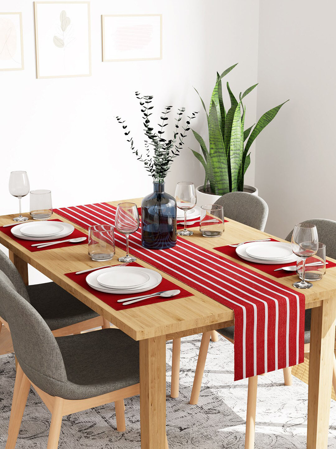 Encasa Homes Red & White 5 Pcs Striped Cotton Table Linen Set