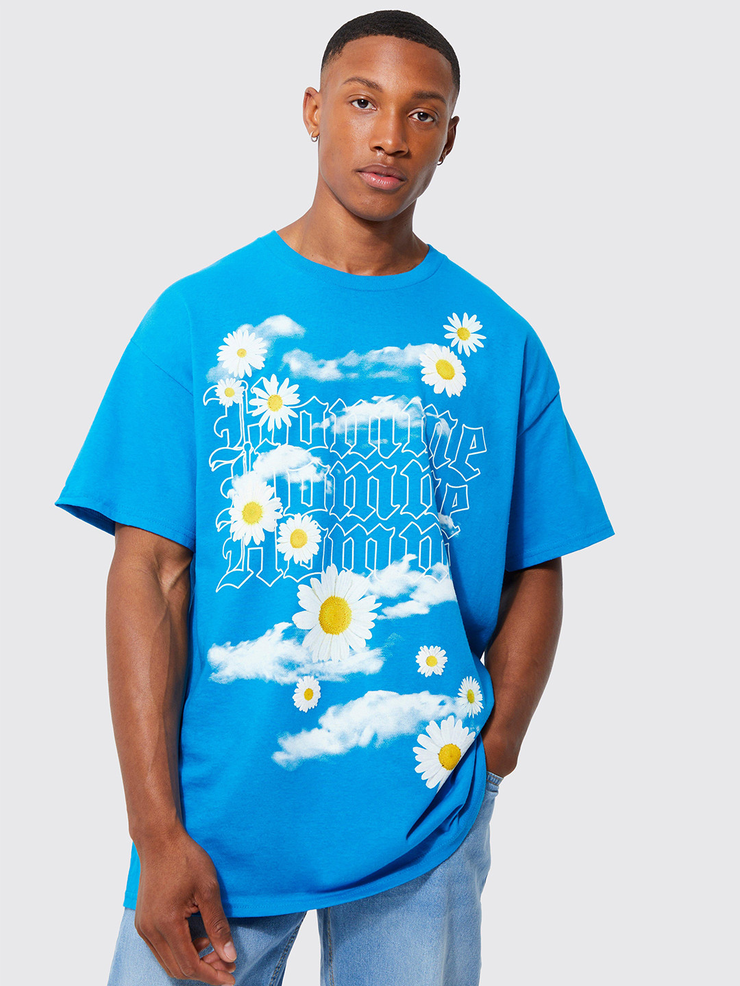 boohooMAN Oversized Homme Daisy Printed Drop-Shoulder Sleeves Pure Cotton T-shirt