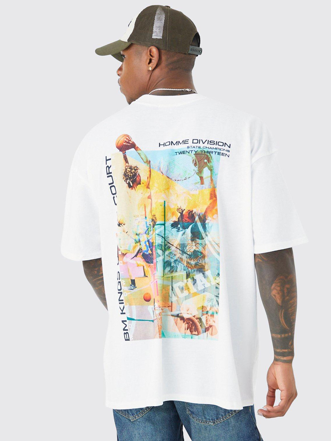 boohooMAN Back Print Drop-Shoulder Sleeves Pure Cotton Oversized T-shirt