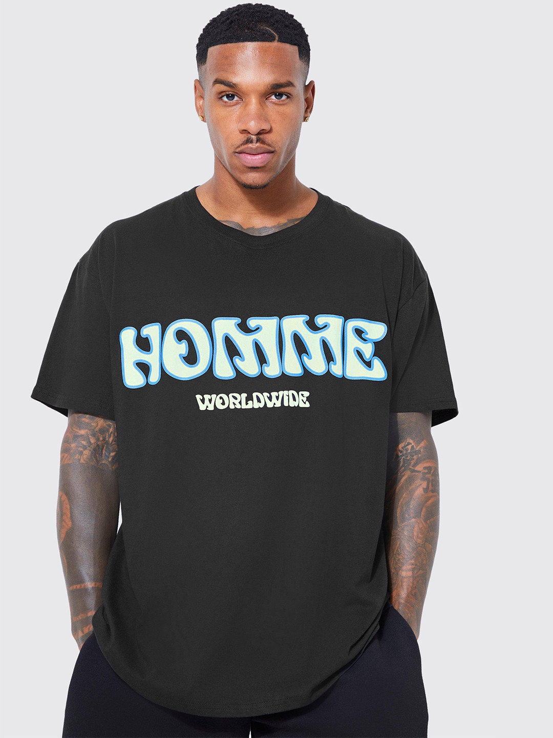 boohooMAN Oversized Bubble Homme Printed Drop-Shoulder Sleeves Pure Cotton T-shirt