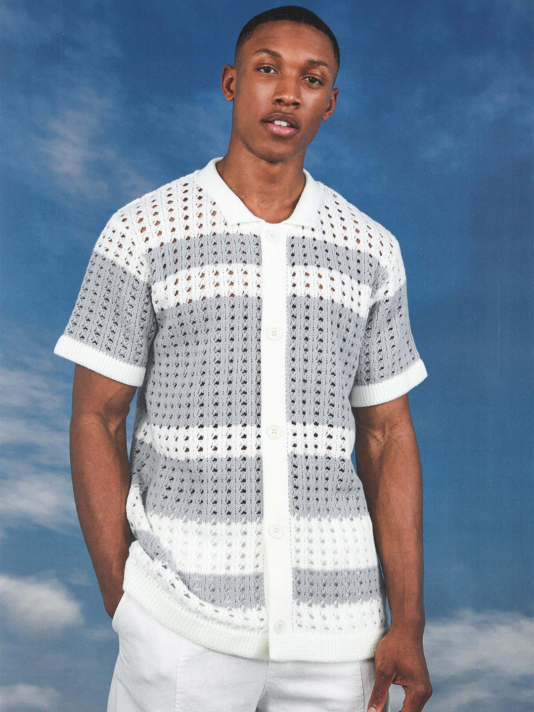 boohooMAN Open-Knit Shirt Style Acrylic Cardigan