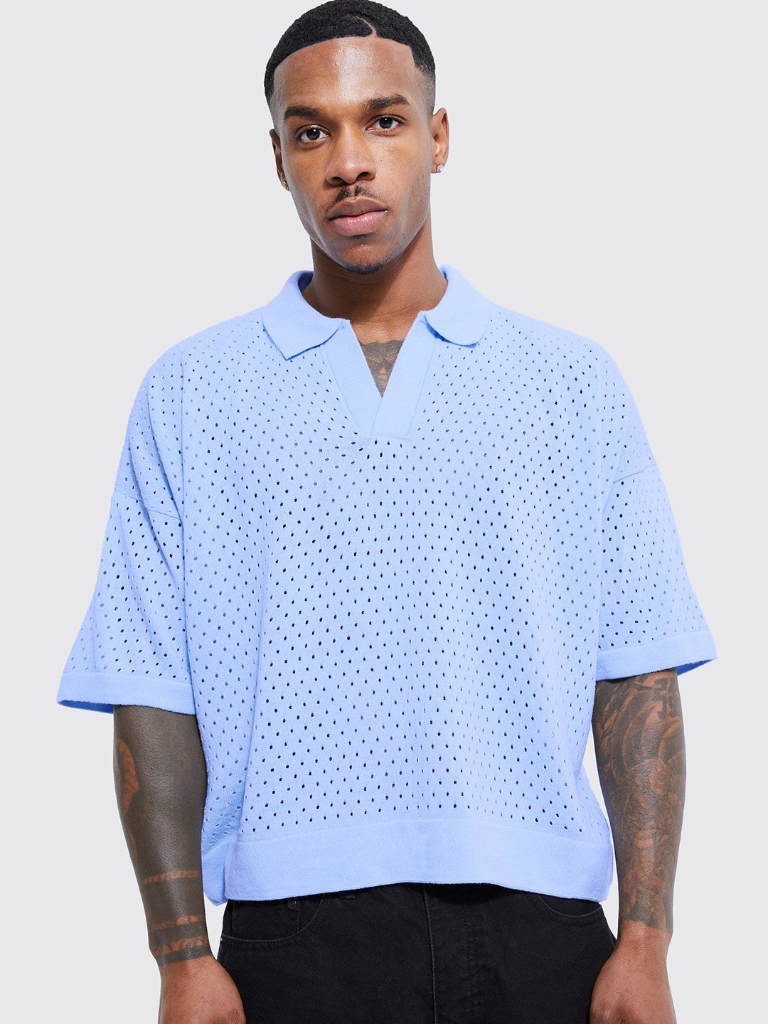 boohooMAN Boxy Fit Revere Open-Knit Acrylic Pullover