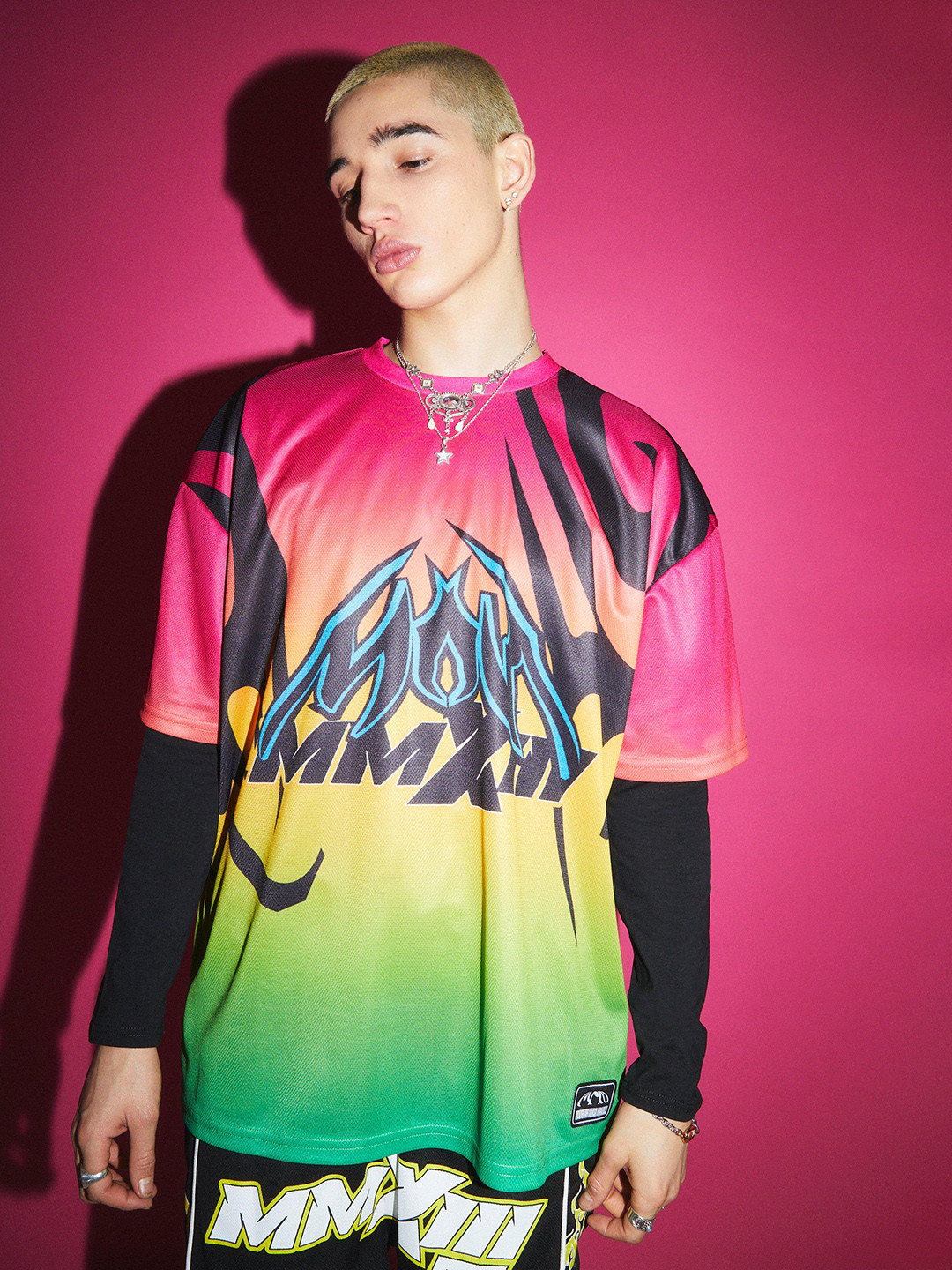 boohooMAN Graphic Printed Drop-Shoulder Sleeves Mesh Oversized T-shirt