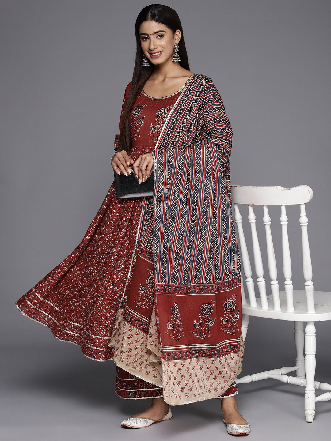 Libas Womens Maroon Printed Cotton Anarkali Kurta With Palazzos & Dupatta