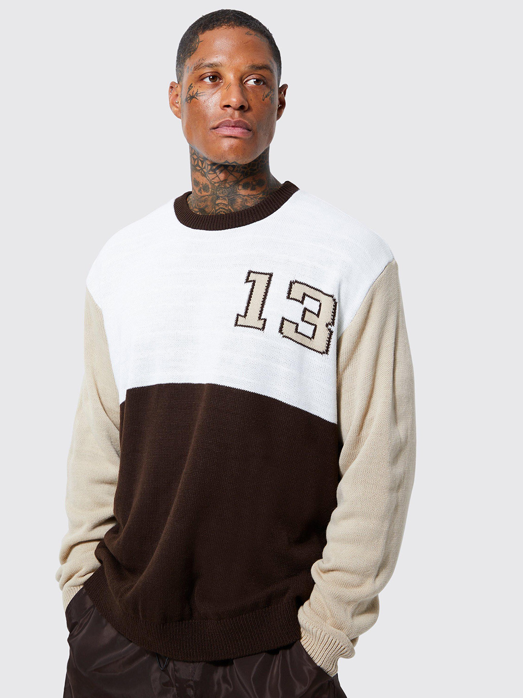 boohooMAN Acrylic Colourblocked Oversized Pullover